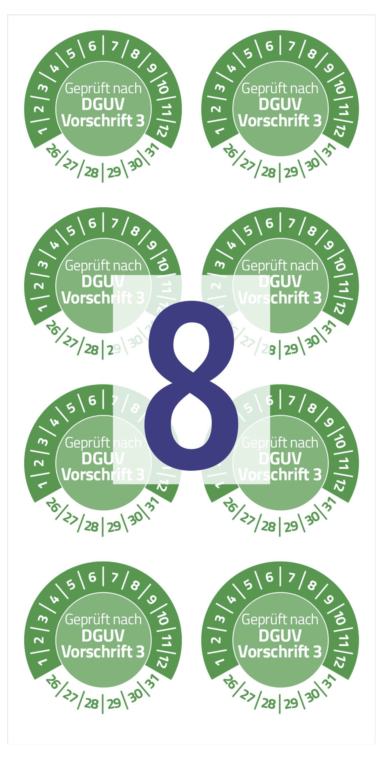 Acht grüne Prüfplaketten mit der Aufschrift 'Geprüft nach DGUV Vorschrift 3', umgeben eine große blaue Zahl 8.
