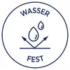'Wasserfest'-Symbol mit Wassertropfen und Pfeilen in kreisförmigem Rahmen, symbolisiert Wasserbeständigkeit.