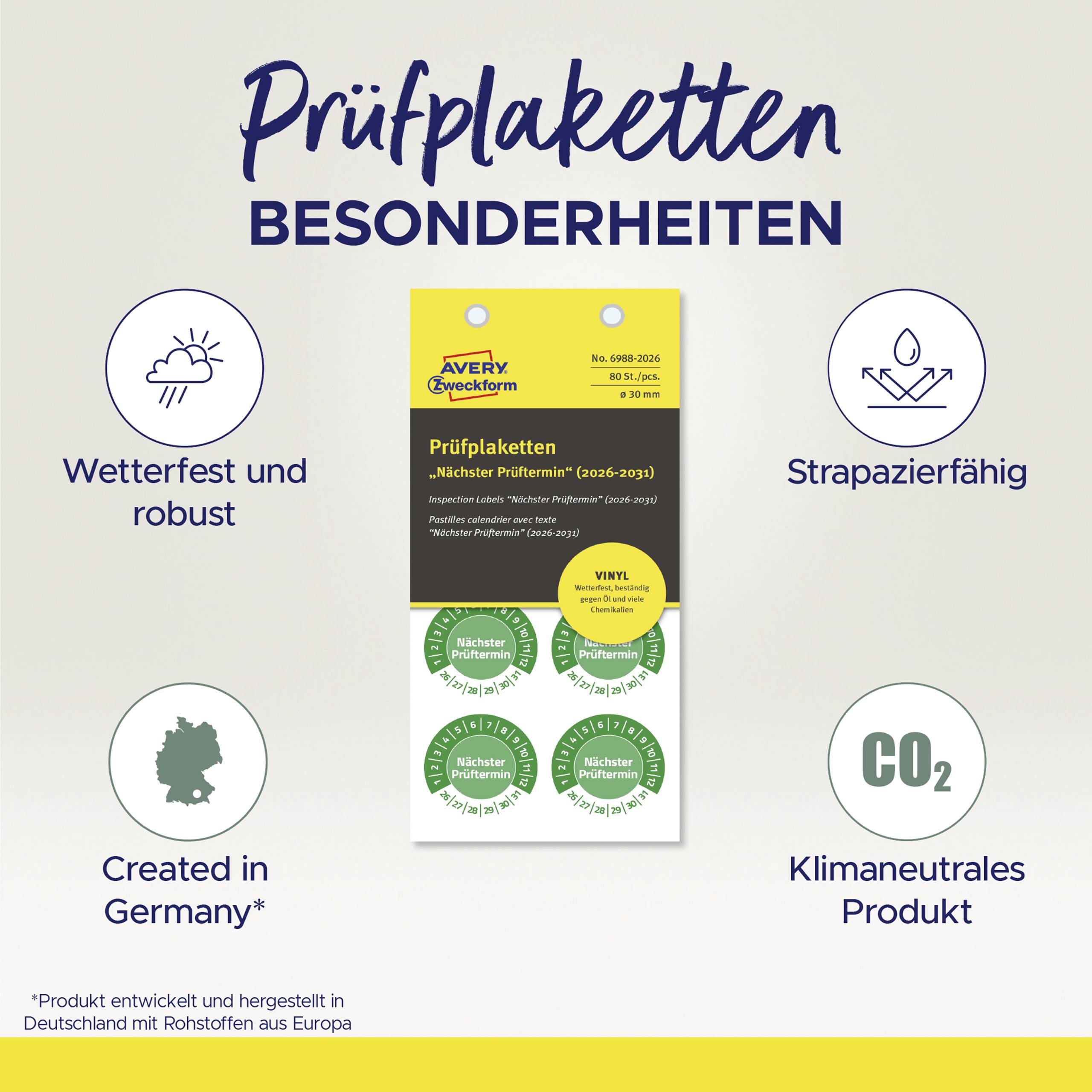 "Prüfplaketten Besonderheiten" zeigt speziell strapazierfähige, wetterfeste Plaketten, klimaneutral in Deutschland hergestellt.