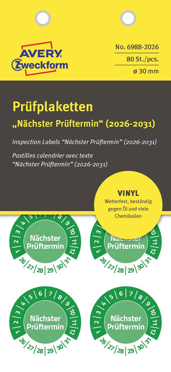 Avery-Zweckform 6988-2026 Prüfplakette Nächster Prüftermin Grün Folie selbstklebend (Ø x L) 30 mm x 30 mm 30 mm 80 St.