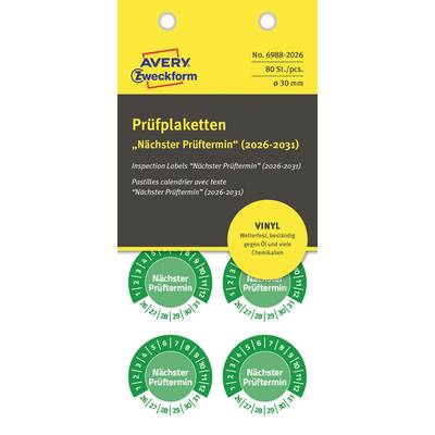 Verpackung von Avery Zweckform Prüfplaketten. Vier runde, grüne Aufkleber mit 'Nächster Prüftermin' und Monats-/Jahresfeldern.
