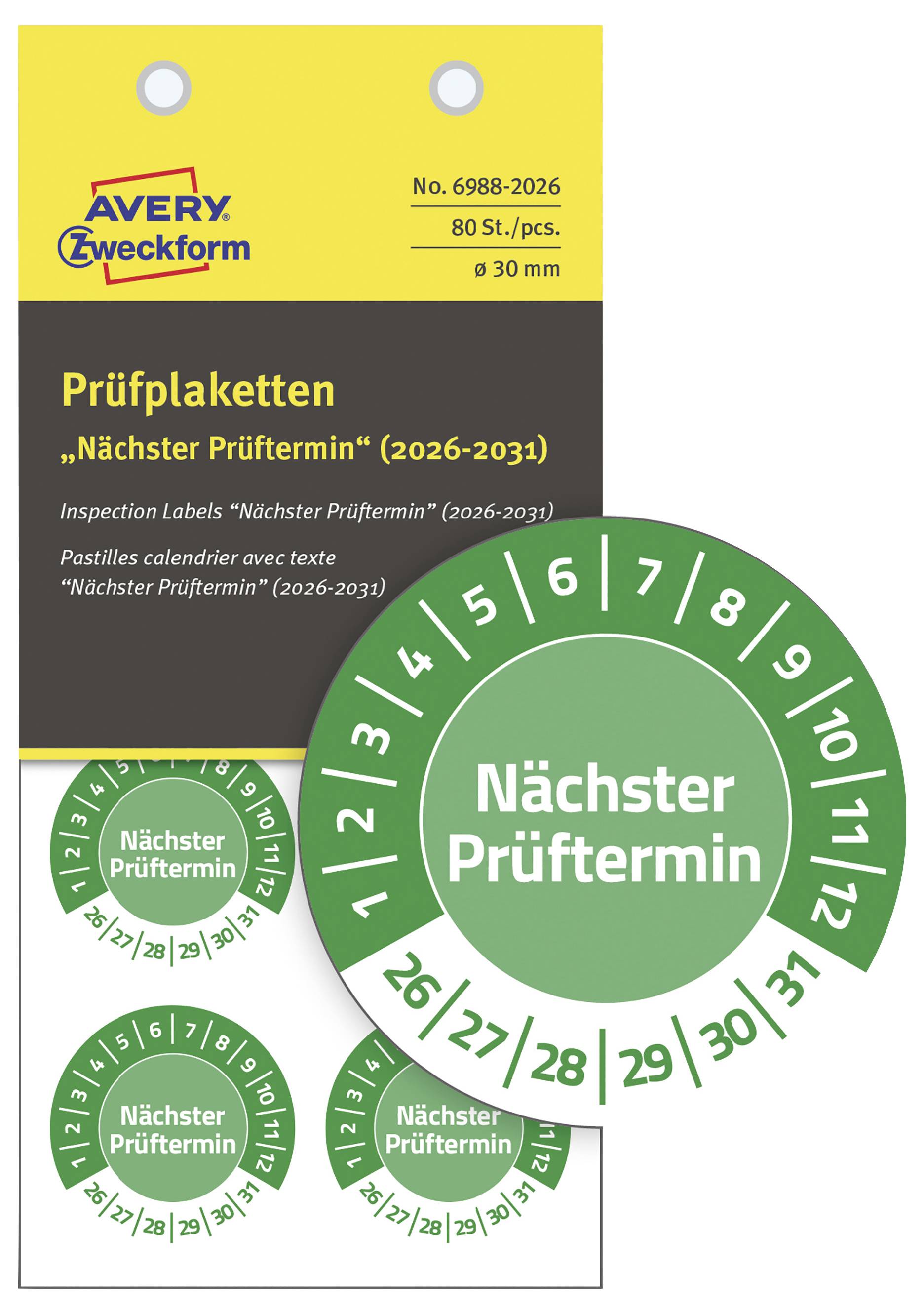 'Prüfplaketten' von Avery Zweckform für den nächsten Prüftermin. Set mit runden, grünen Etiketten von 2026 bis 2031.