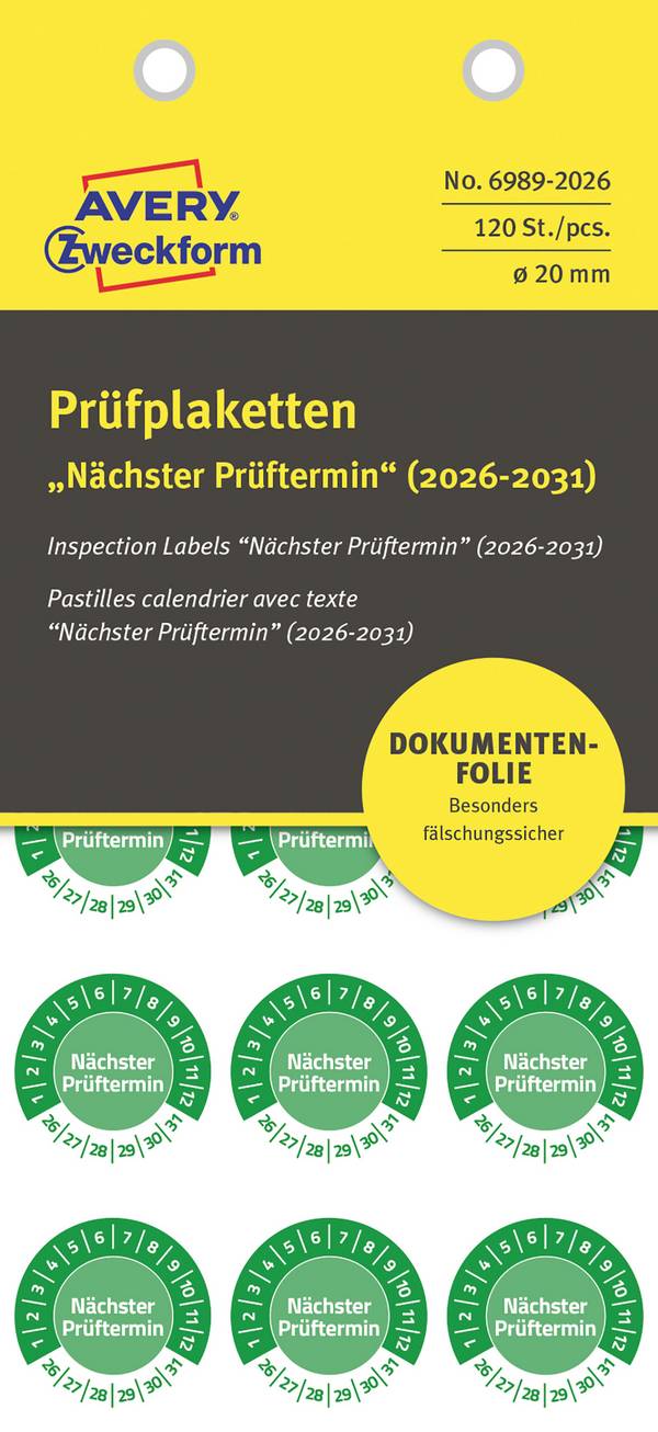 Avery-Zweckform 6989-2026 Prüfplakette Nächster Prüftermin Grün Folie selbstklebend (Ø x L) 20 mm x 20 mm 20 mm 120 St.