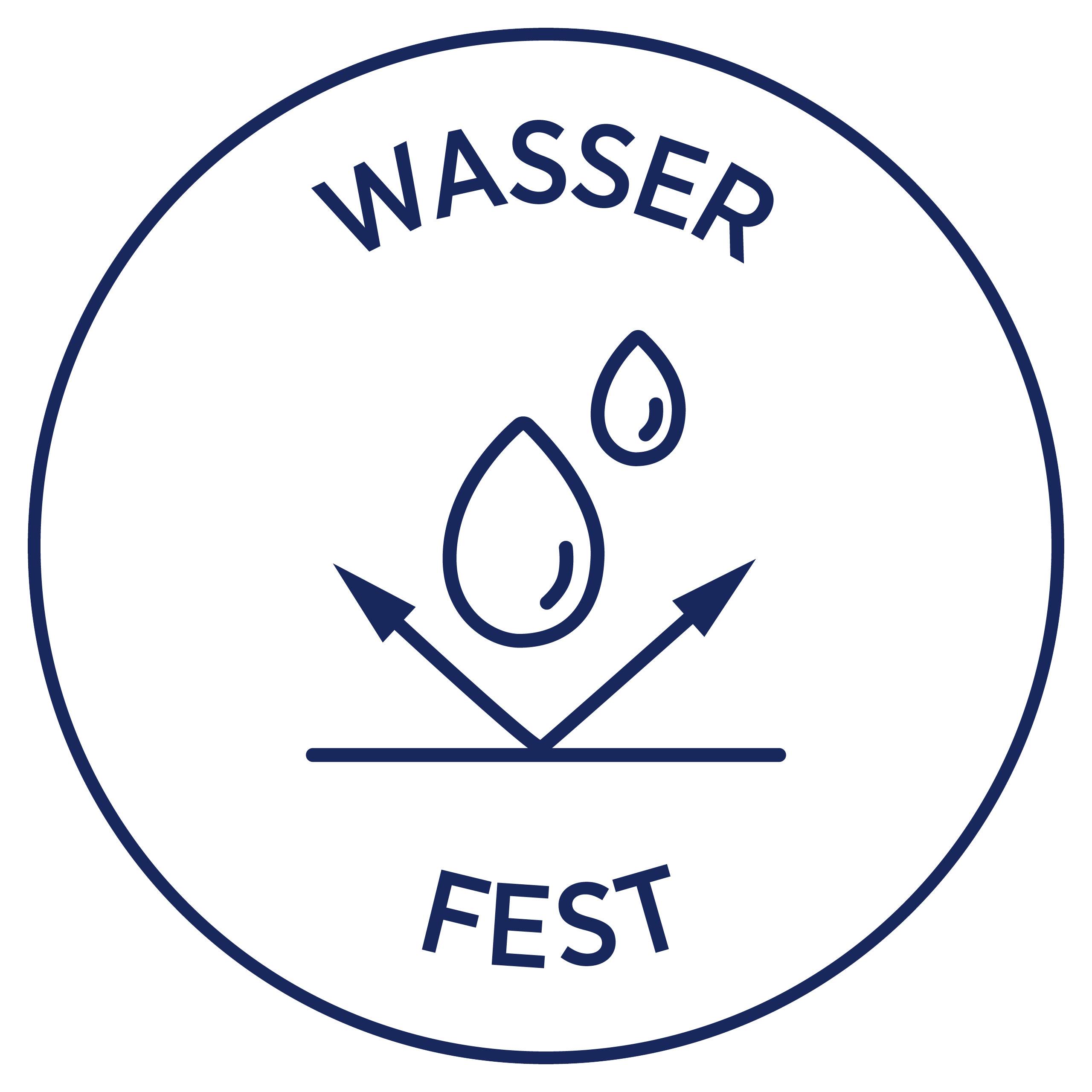 'Siegel mit der Aufschrift Wasser Fest, zwei Tropfen und zwei nach außen gerichtete Pfeile symbolisieren Wasserdichtigkeit.'