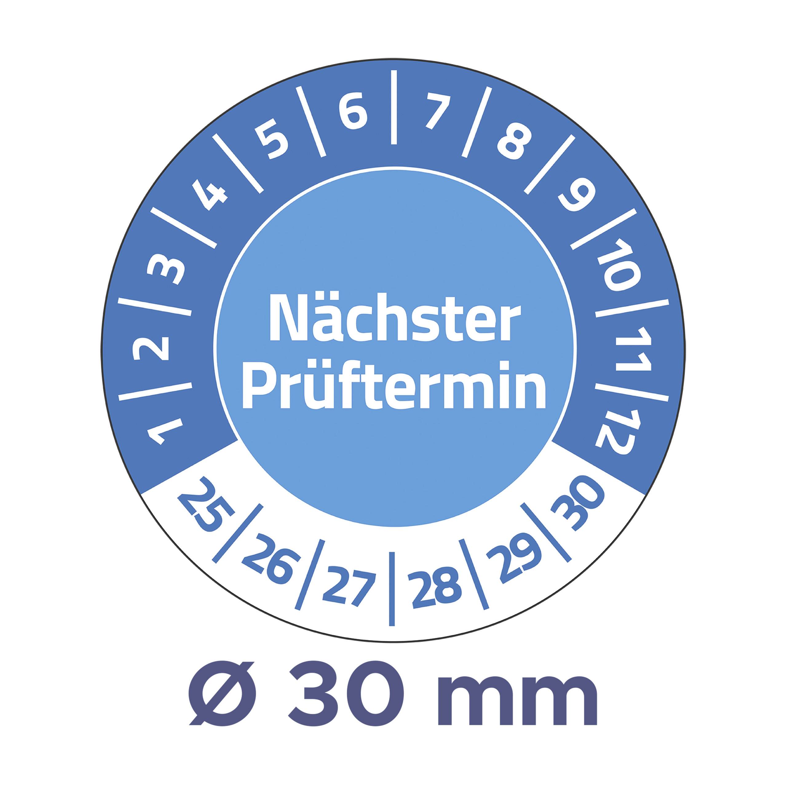 'Runder blauer und weißer Aufkleber mit den Zahlen 1 bis 12 für Monate, und in der Mitte steht "Nächster Prüftermin". Durchmesser Ø 30 mm.'