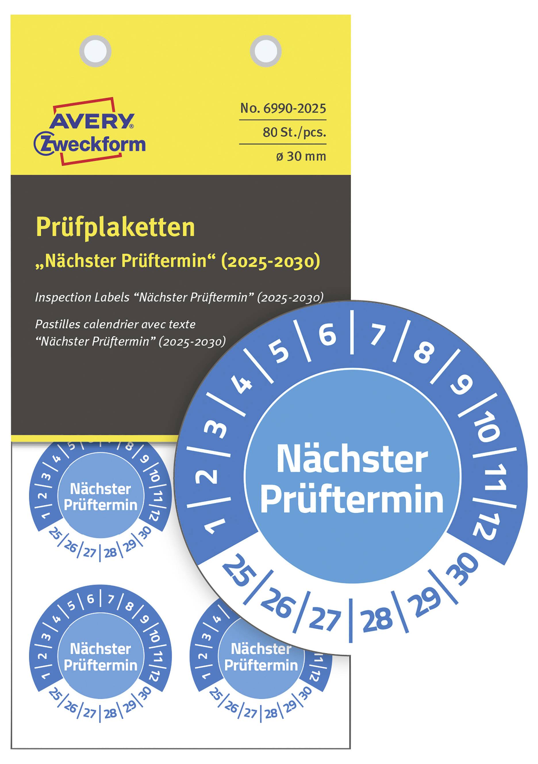 Verpackung für Prüfplaketten von Avery. Runde blaue Etiketten mit 'Nächster Prüftermin' und Zahlen von 1 bis 31 an den Rändern.
