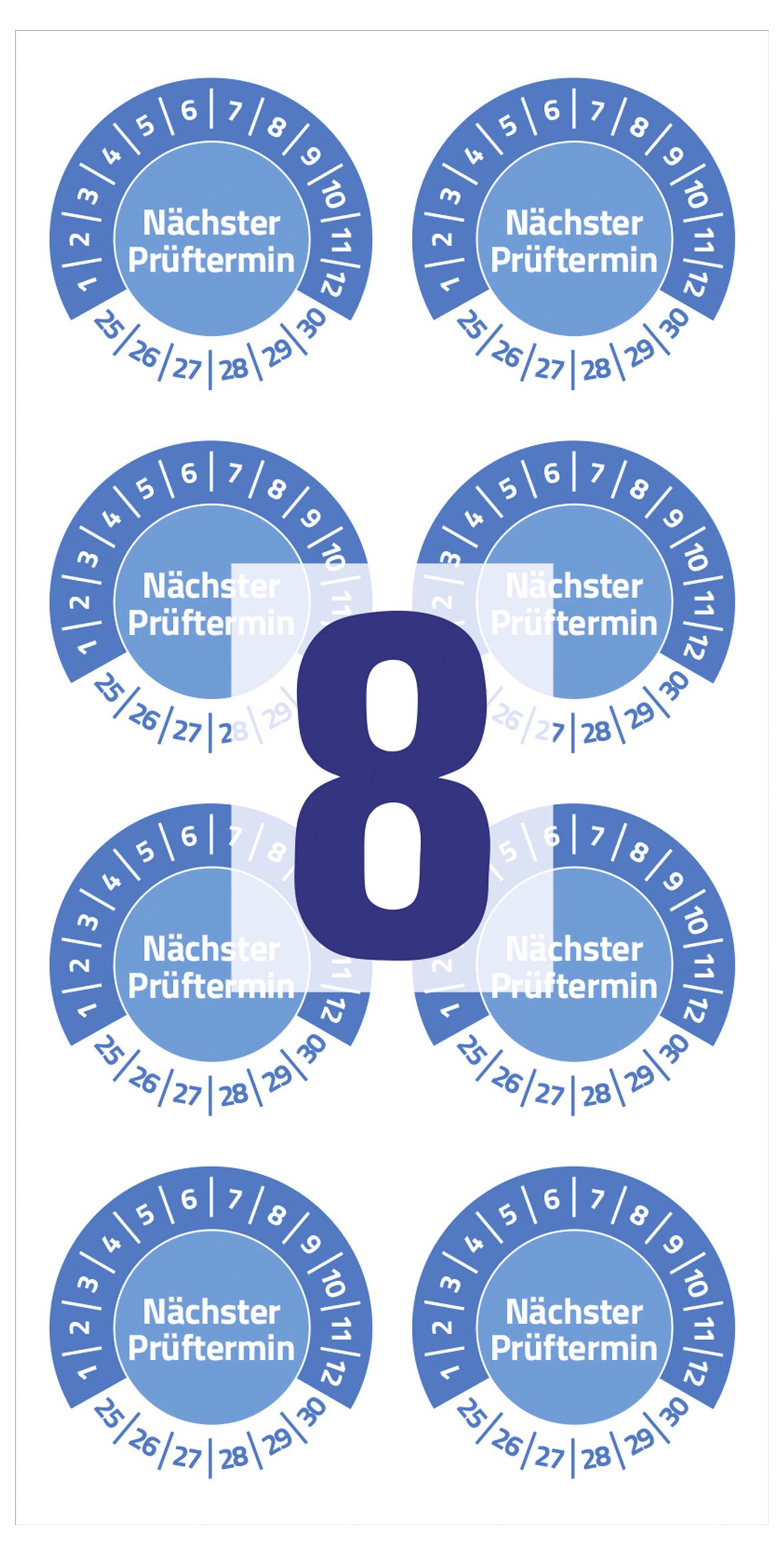 Acht blaue, runde Aufkleber mit der Aufschrift 'Nächster Prüftermin', nummeriert von 1 bis 12. Großes '8' in der Mitte.