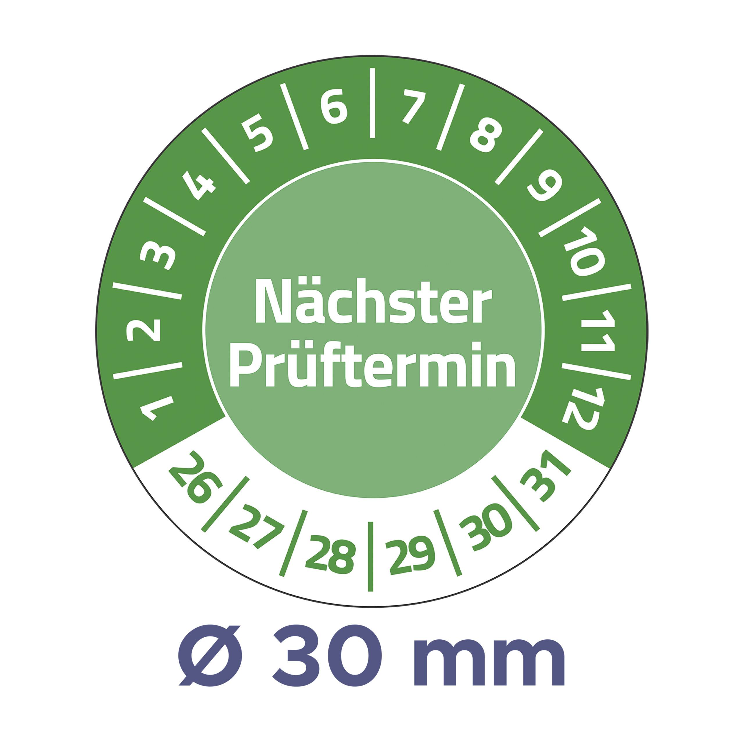 'Prüfplakette' mit grünem Ring für 'Nächster Prüftermin'. Monate 1 bis 12 und Jahre 26 bis 31 angegeben. Durchmesser: 30 mm.