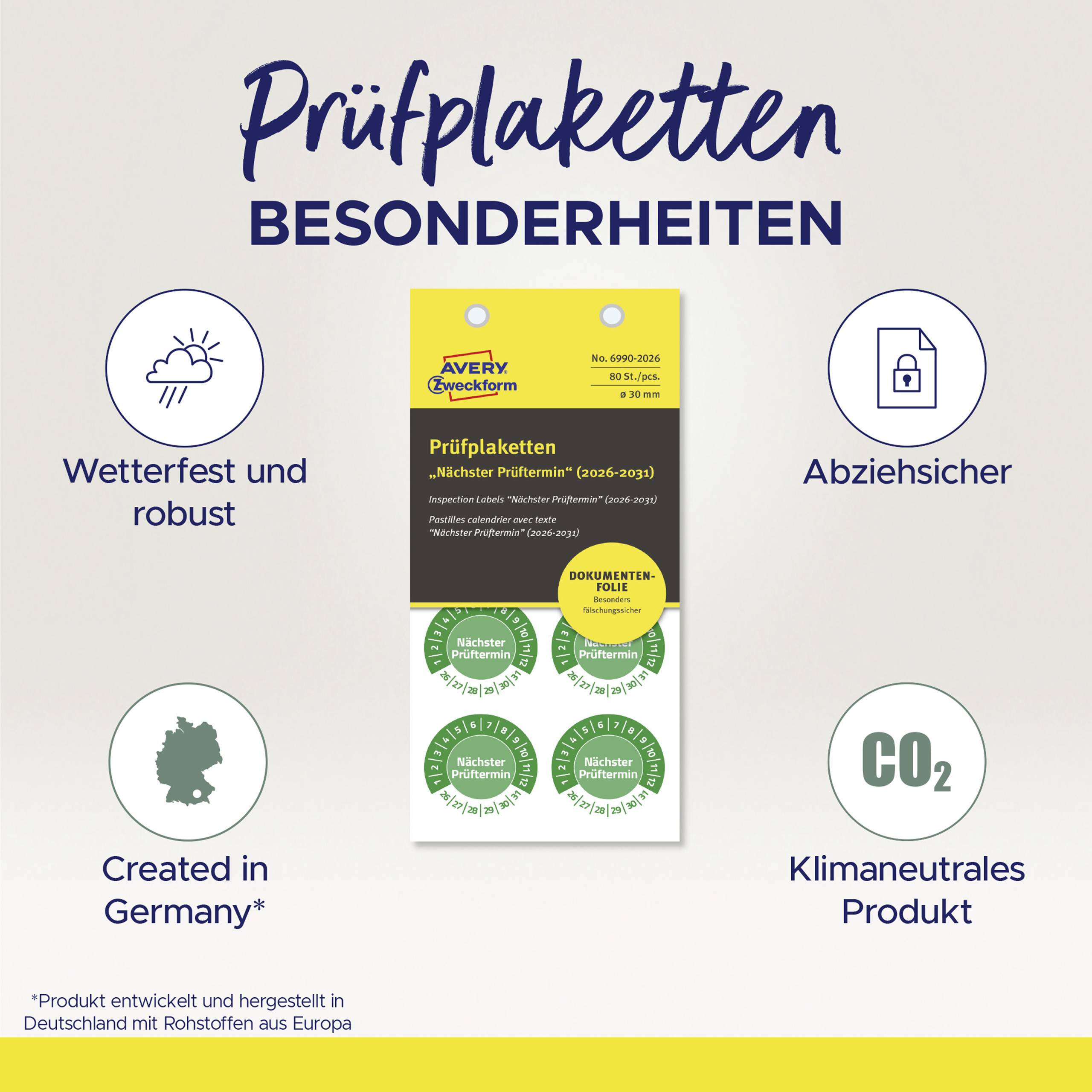 'Prüfplaketten Besonderheiten': Wetterfest, robust, abziehsicher, klimaneutral, in Deutschland produziert. Produktinfos und Logos.