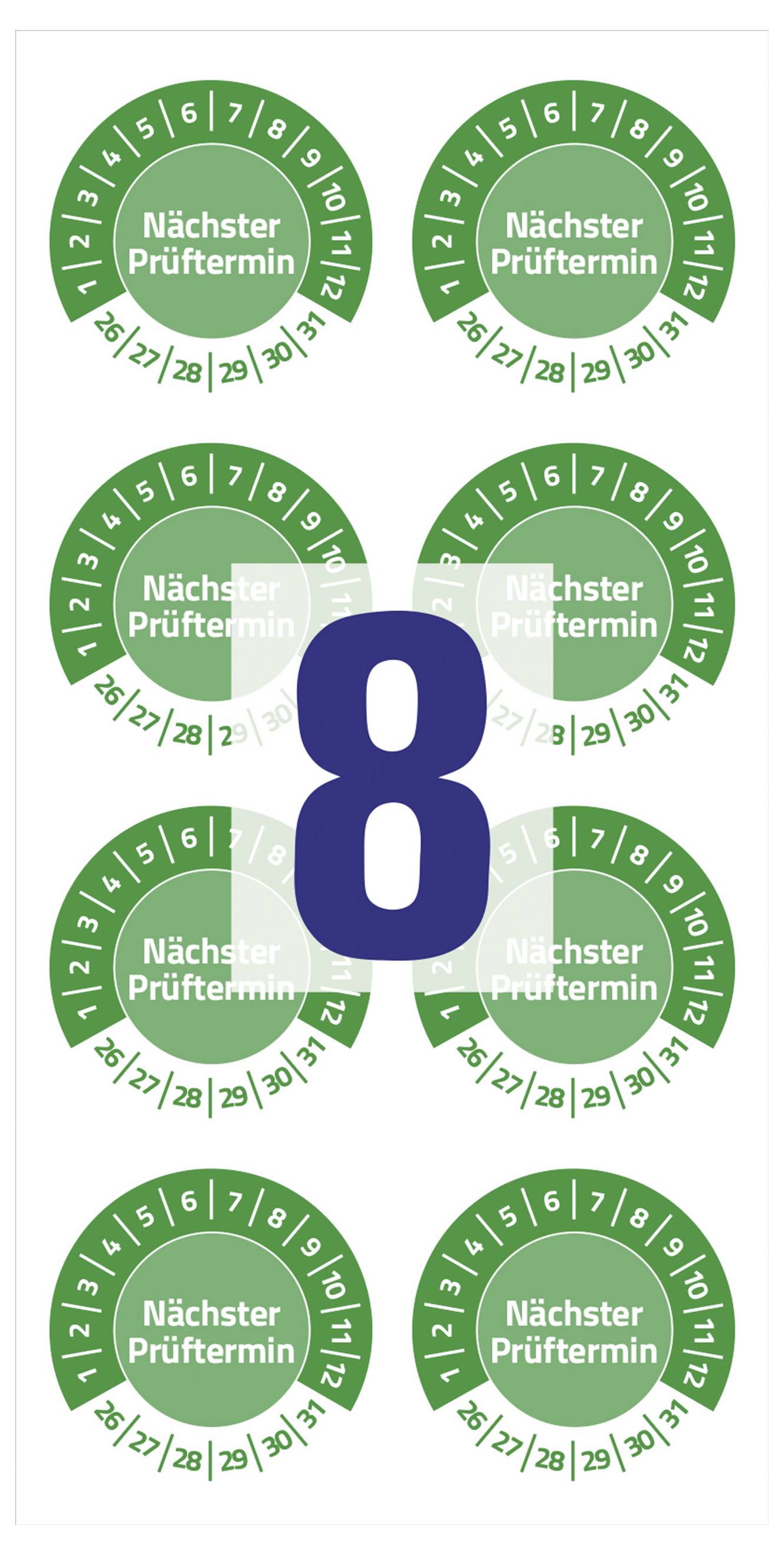 Acht grüne Plaketten mit Kreissegmenten zeigen Zahlen von 1 bis 31. In der Mitte eine blaue Zahl 8, die 'Nächster Prüftermin' angibt.