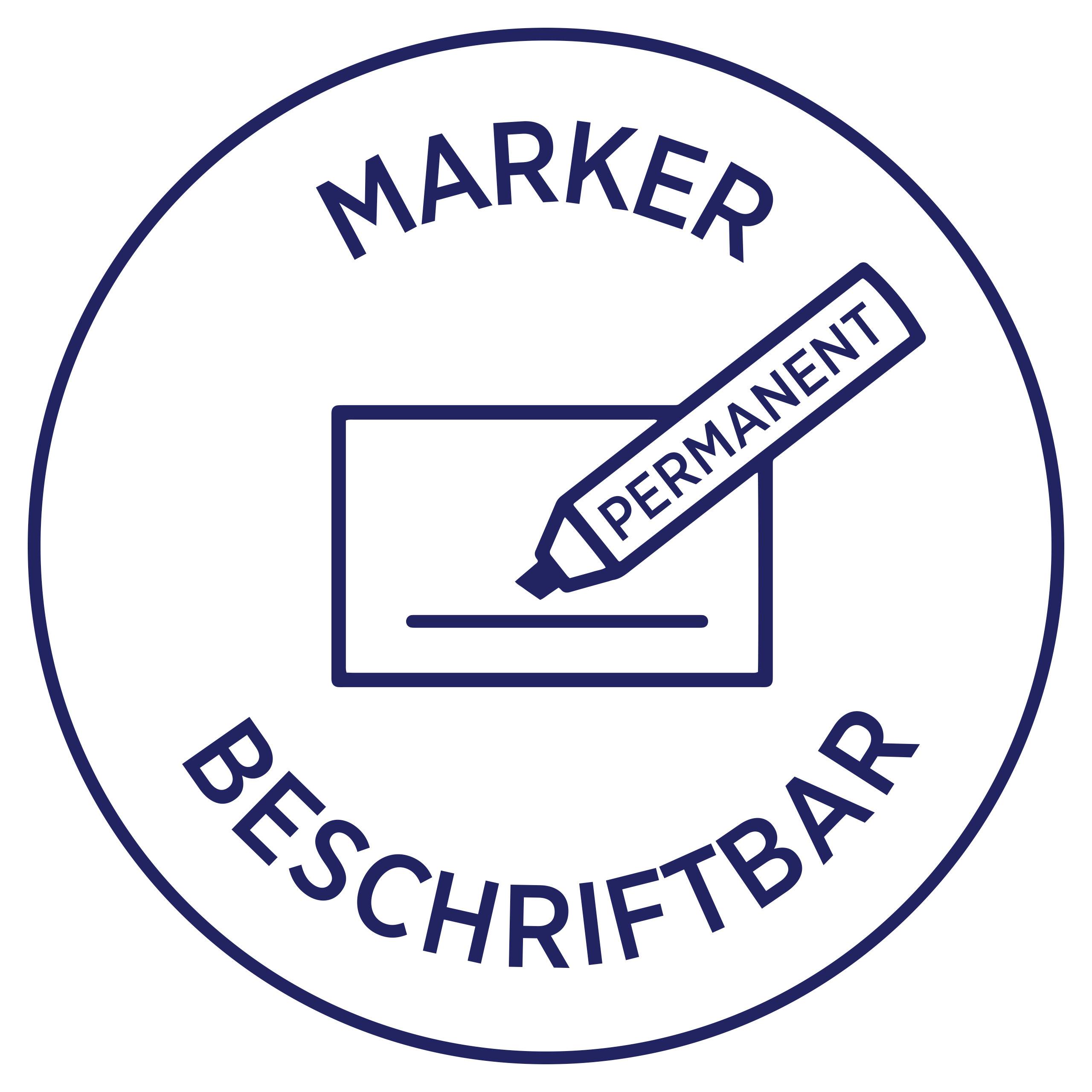 Ein Kreis mit der Aufschrift 'Marker beschriftbar' und einer Zeichnung eines markierenden Stifts mit dem Wort 'permanent'.