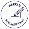 Ein Kreis mit der Aufschrift 'Marker beschriftbar' und einer Zeichnung eines markierenden Stifts mit dem Wort 'permanent'.