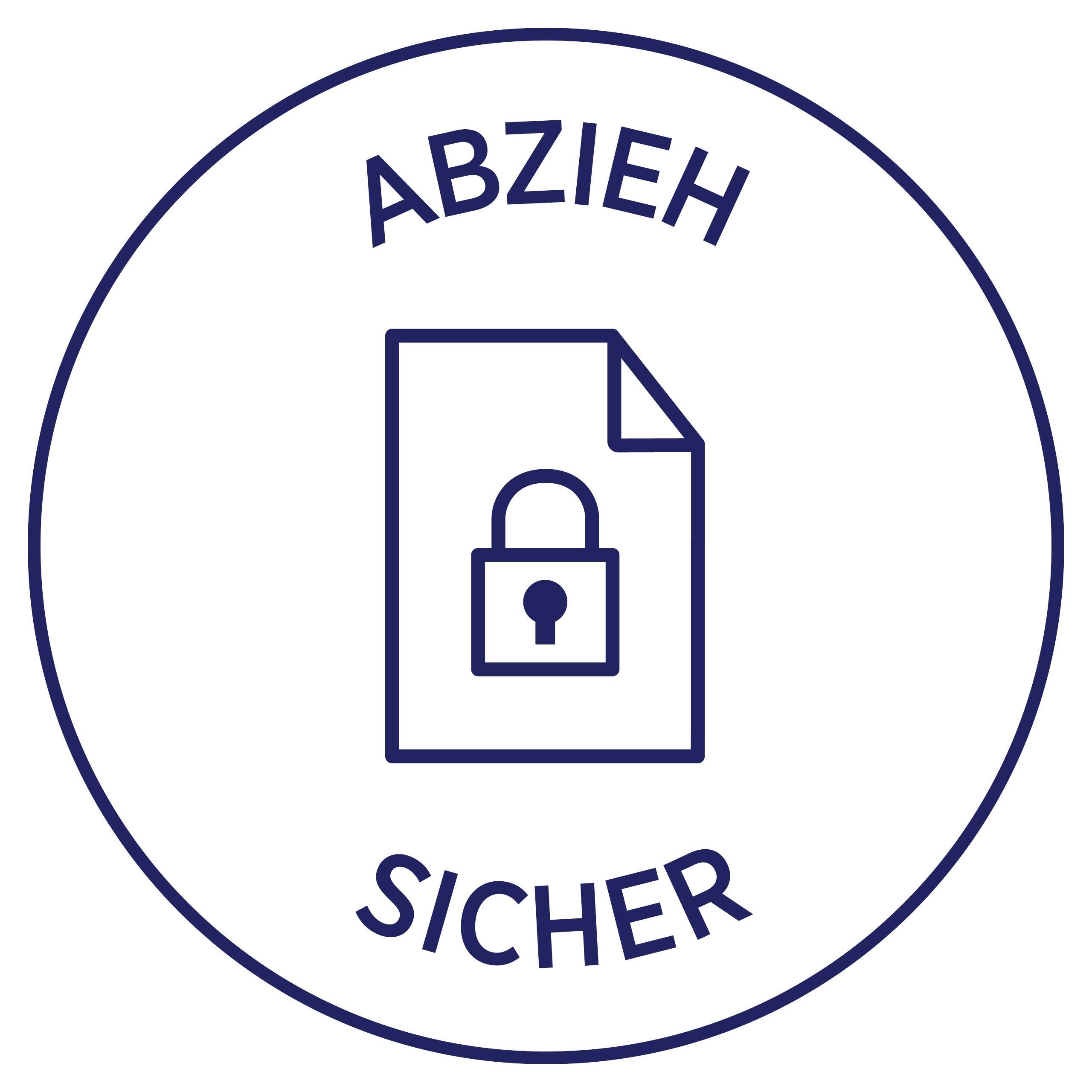 'Abzieh sicher' Symbol: Ein Datei-Icon mit Schloss in einem Kreis. Signalisierung von Schutz oder Sicherheit von Dateien.