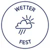 Das Bild zeigt ein Symbol für Wetterbeständigkeit: Eine Wolke mit Sonne und Regen. Text 'Wetterfest' oben und unten im Kreis.