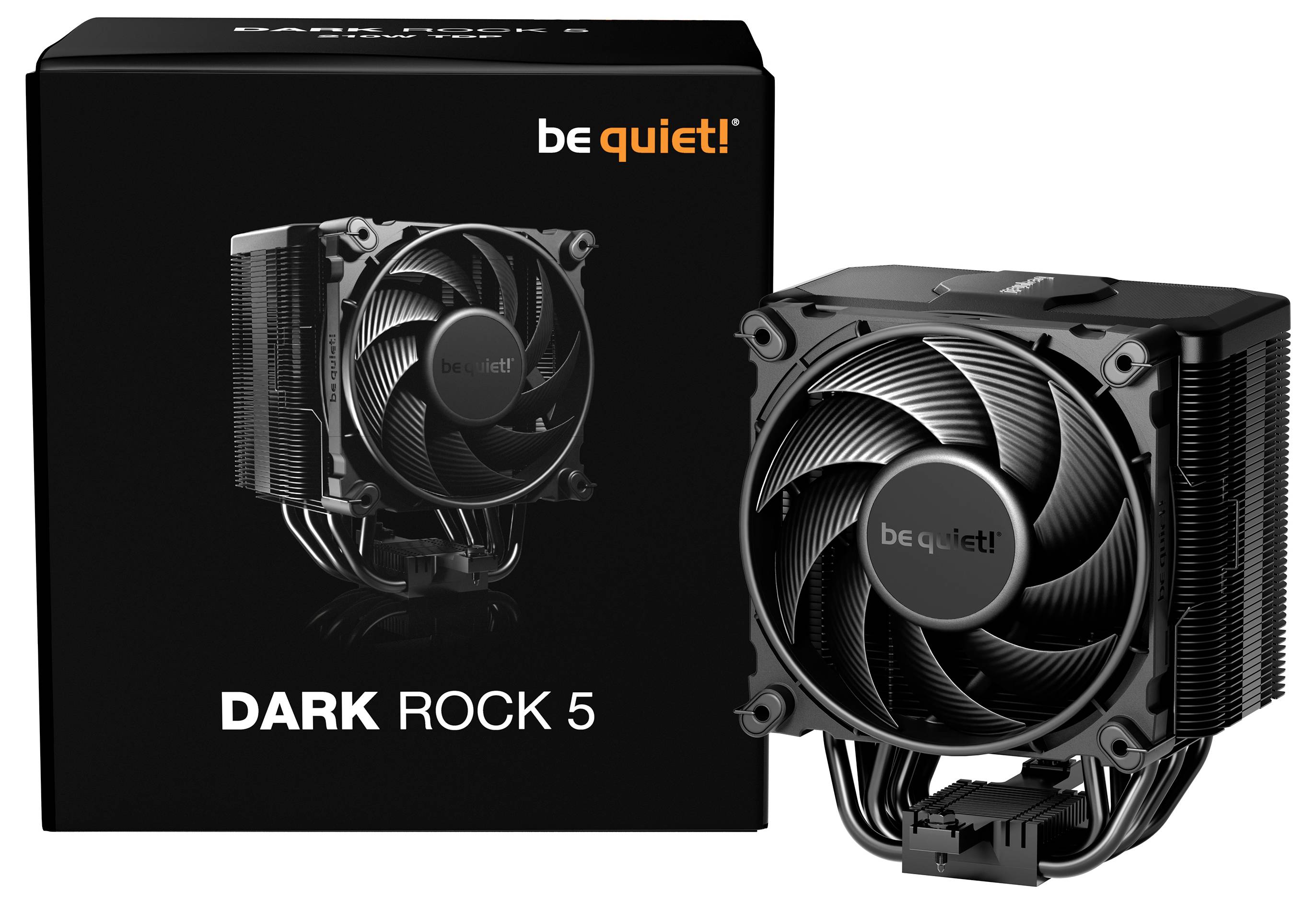 Lüfter für Computerprozessoren der Marke 'be quiet!' mit der Modellbezeichnung 'Dark Rock 5', abgebildet neben der Verpackung.