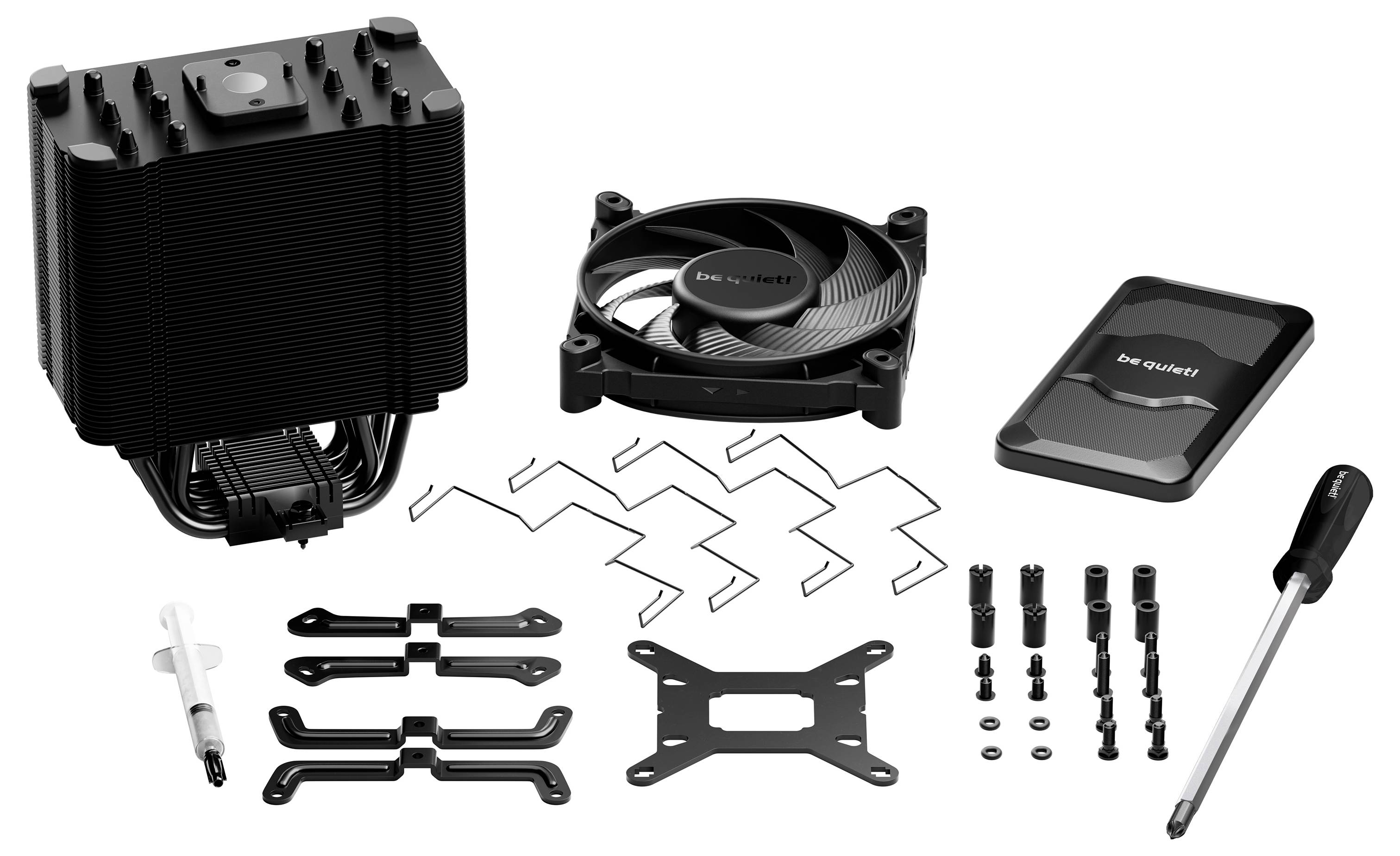 Computer-Kühlersystem mit Lüfter, Kühlkörper, Halterungen, Schrauben, Wärmeleitpaste, Schraubendreher und Installationszubehör.