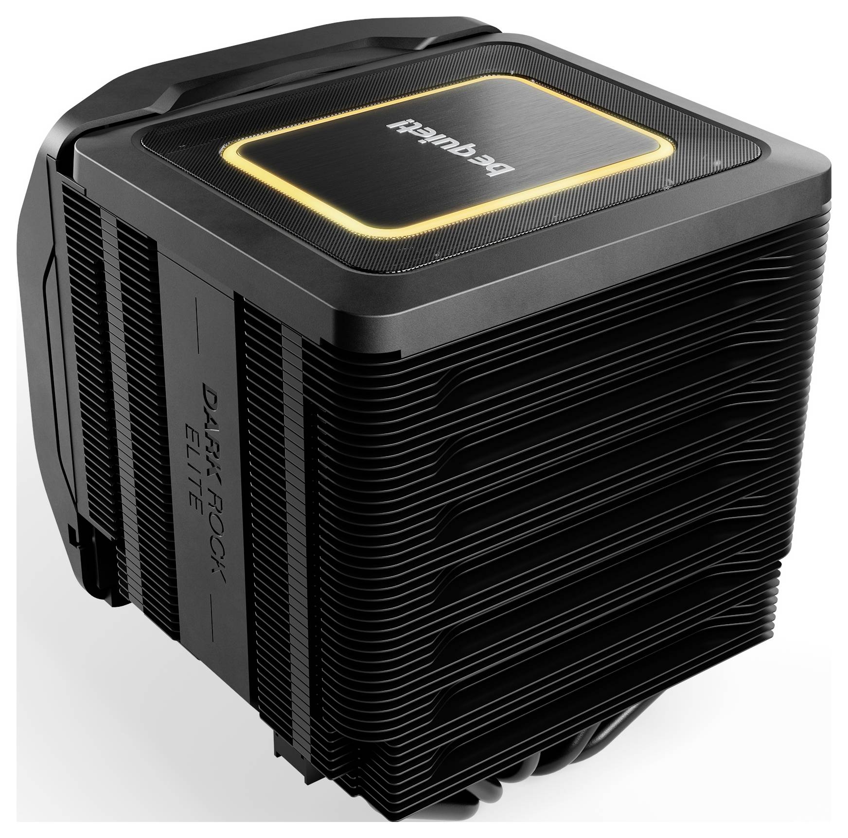 Luftkühler 'Dark Rock Elite' von be quiet! in schwarz. Er verfügt über einen großen Kühlkörper und ein beleuchtetes Logo oben.