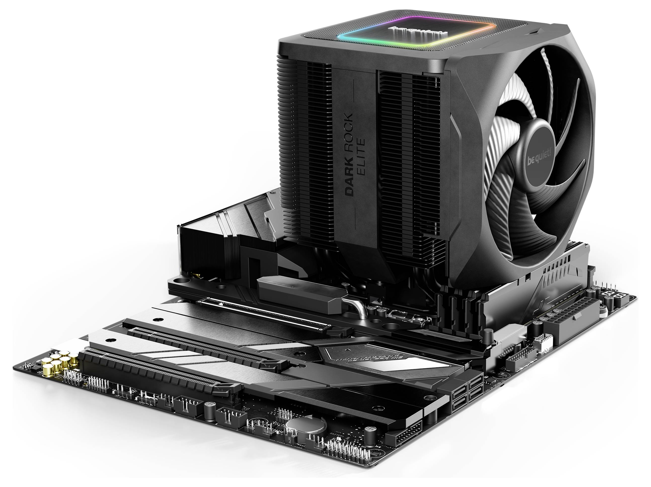 Ein Computer-Motherboard mit einem großen schwarzen CPU-Kühler oben. Der Kühler hat ein leuchtendes RGB-Licht oben.