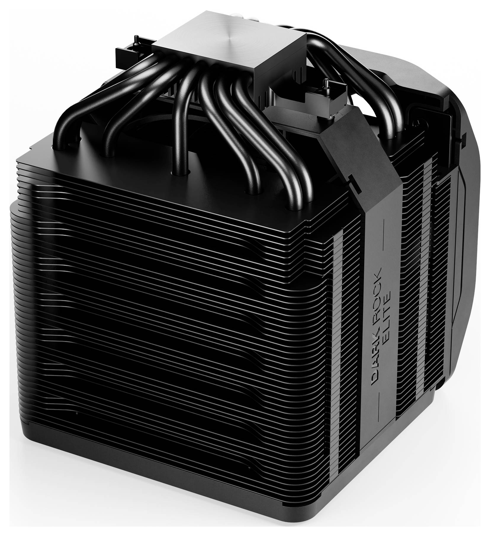 Ein schwarzer CPU-Kühler mit mehreren Heatpipes und Kühllamellen, markiert mit 'Be Quiet! Dark Rock Pro 5 Elite', zur Kühlung von Computerprozessoren.