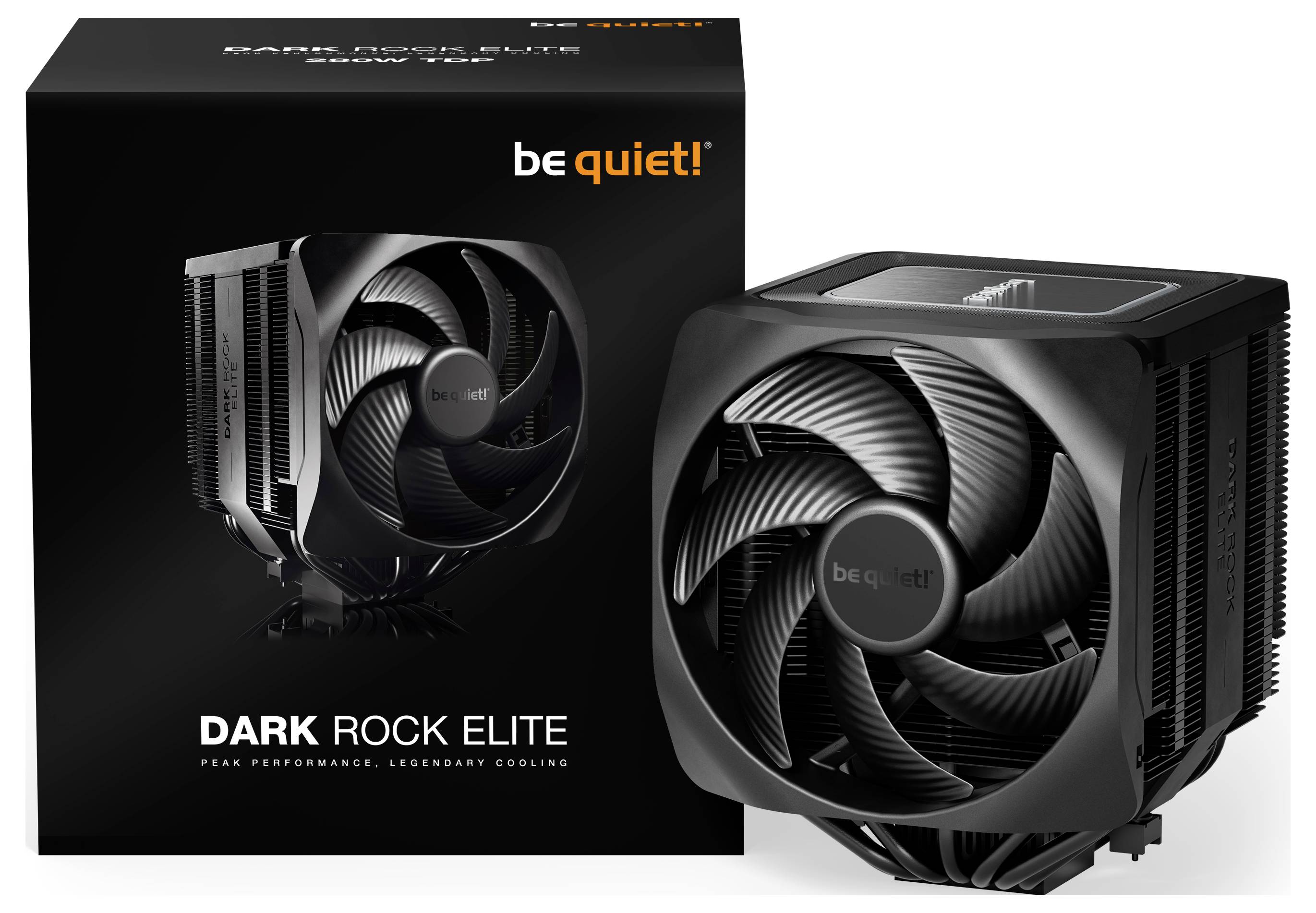 Kühlkörper von 'be quiet!' mit Lüfter vor Verpackung, Aufschrift 'DARK ROCK ELITE'. Hochleistungskühlung für Computerprozessoren.
