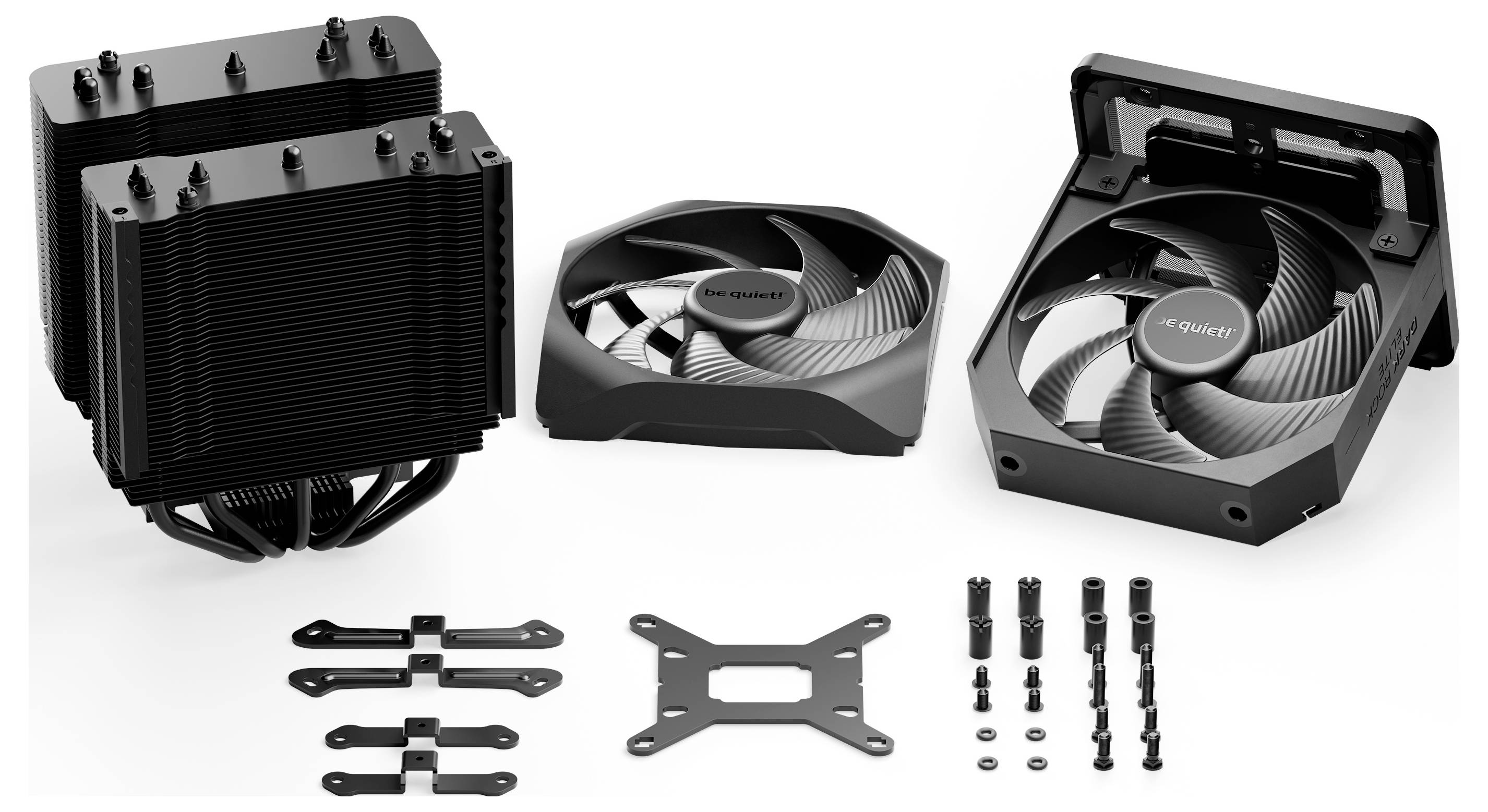 Luftkühler mit zwei großen Lüftern und verschiedenen Montageteilen zur Installation auf Computerprozessoren, alle in Schwarz gehalten.