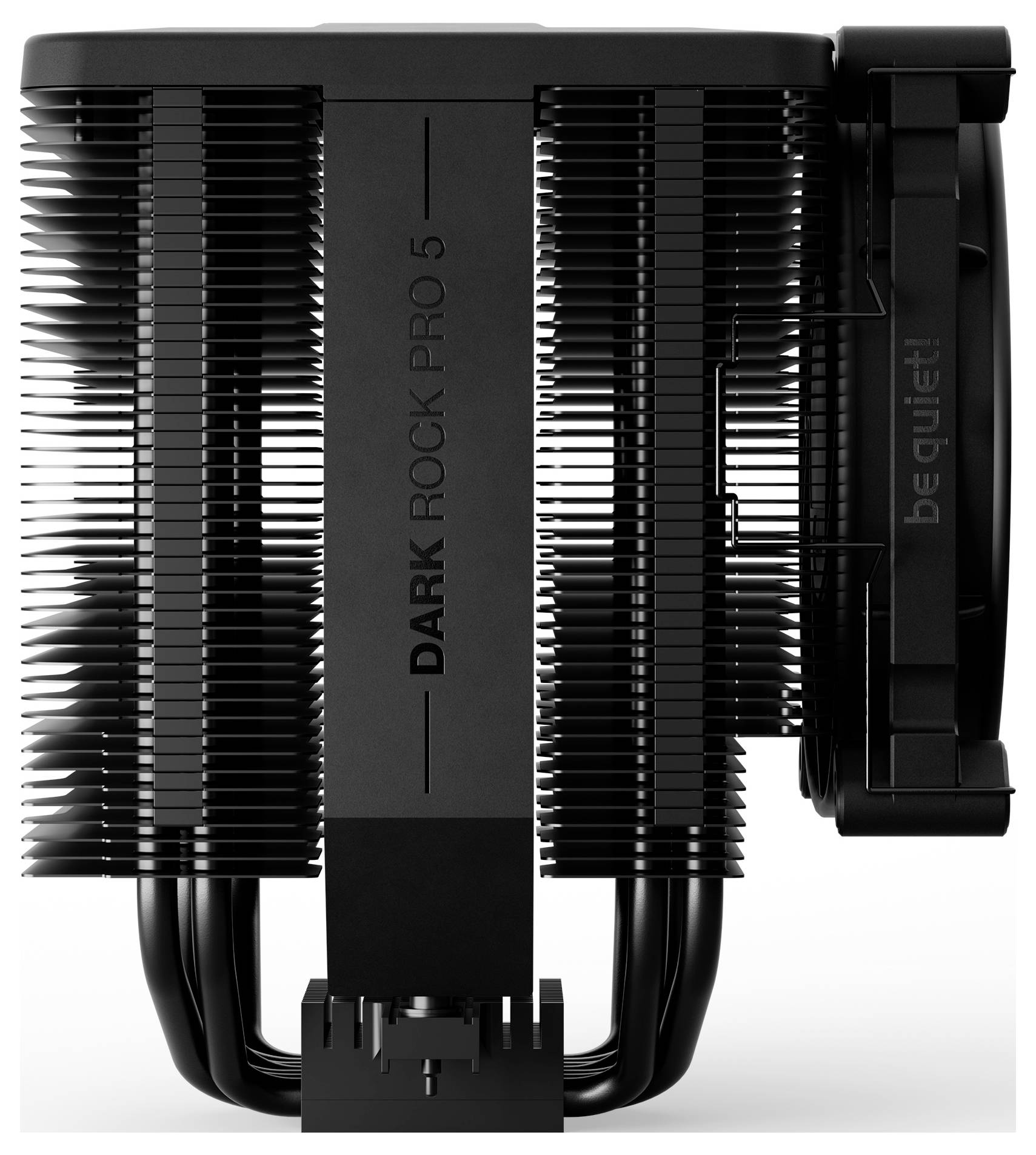 Luftkühler für Computer 'Dark Rock Pro 5' mit schwarzen Kühlrippen und Lüfter, ausgelegt für leisen Betrieb und hohe Kühlleistung.
