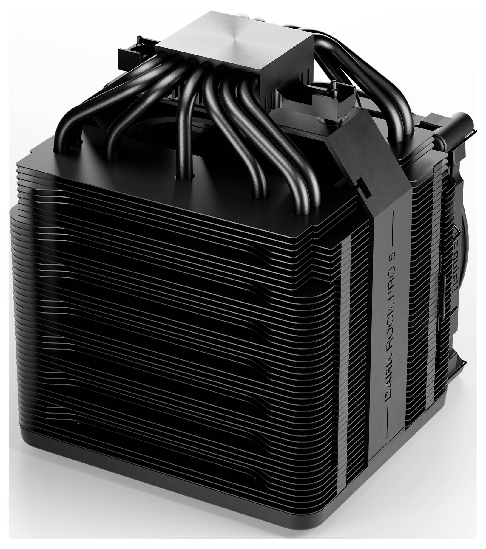 Ein großer schwarzer CPU-Kühler mit mehreren Heatpipes und Lamellen zur effizienten Kühlung von Computerprozessoren.