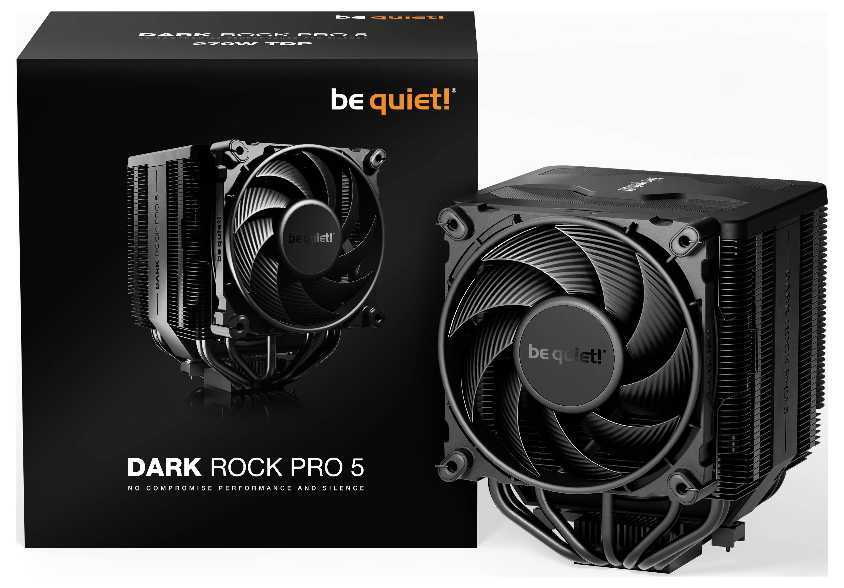 Schwarzer CPU-Kühler vor Verpackung mit 'be quiet!' Logo und 'Dark Rock Pro 5' Text. Hauptmerkmal: Hohe Kühlleistung bei geringer Lautstärke.