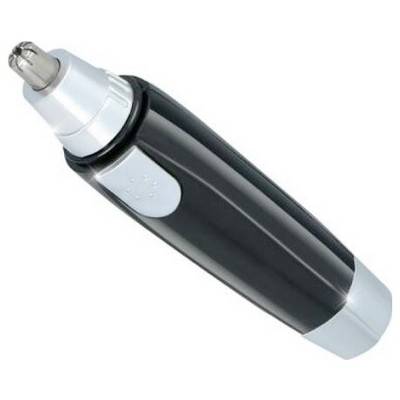 Elektrischer Nasenhaartrimmer in Schwarz und Silber. Kompaktes, ergonomisches Design für die präzise Pflege von Nasenhaaren.