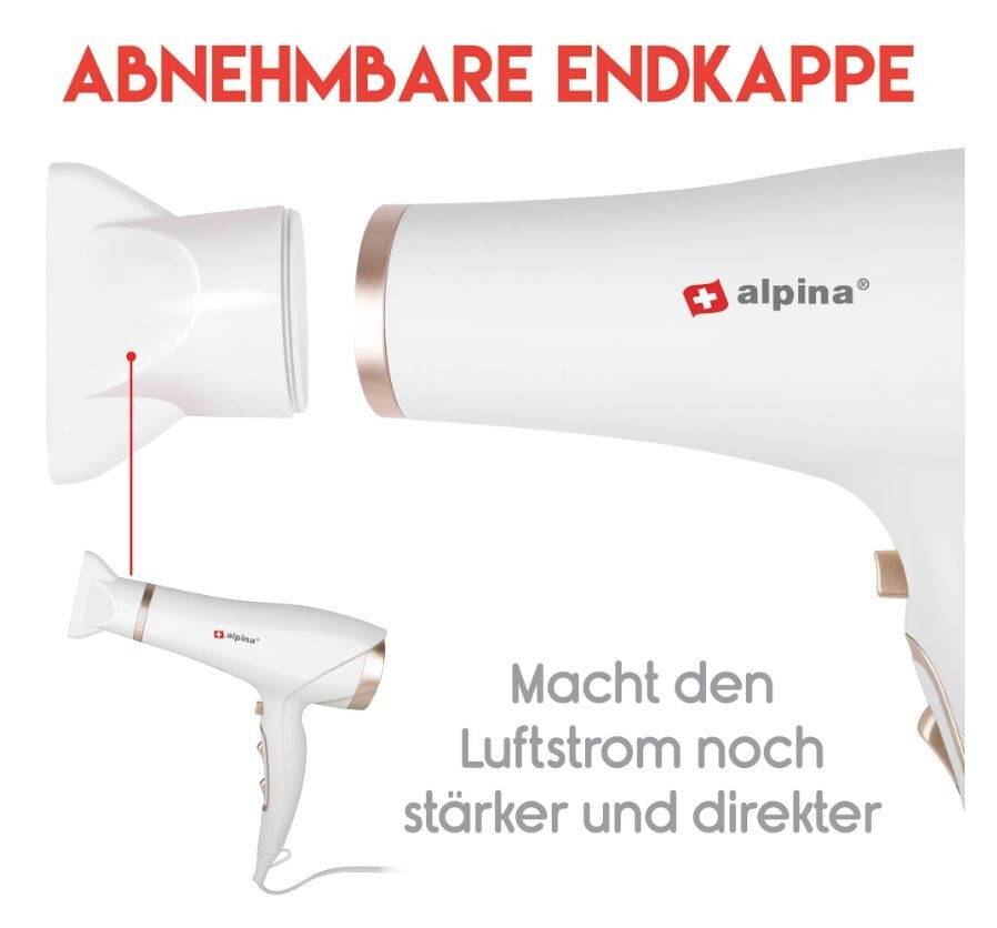 Abbildung eines Haartrockners von alpina mit Hinweis auf eine abnehmbare Endkappe zur Verstärkung des Luftstroms.