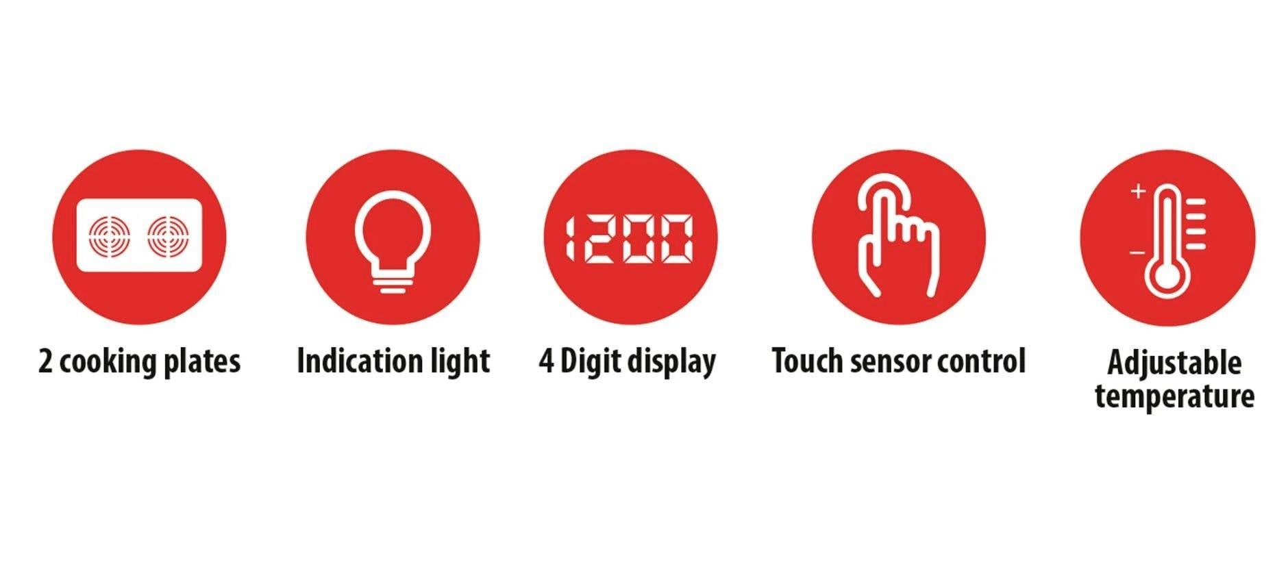 'Piktogramme von Funktionen: Zwei Kochplatten, Anzeigeleuchte, vierstellige Anzeige, Touchsensor-Steuerung, einstellbare Temperatur.'
