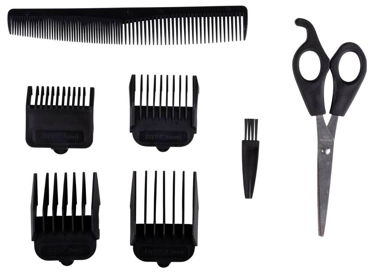 Kamm-Set bestehend aus einer Schere, einem Kamm, vier Aufsteckkämmen und einem Reinigungsbürstchen, geeignet für Haarpflege und Styling.