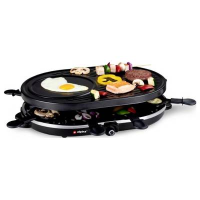 Ein Tischgrill mit Speisen: Spiegelei, Gemüse, Fleischstück, Pilze. Oberseite hat Grillfläche, darunter Pfännchen mit weiteren Zutaten.