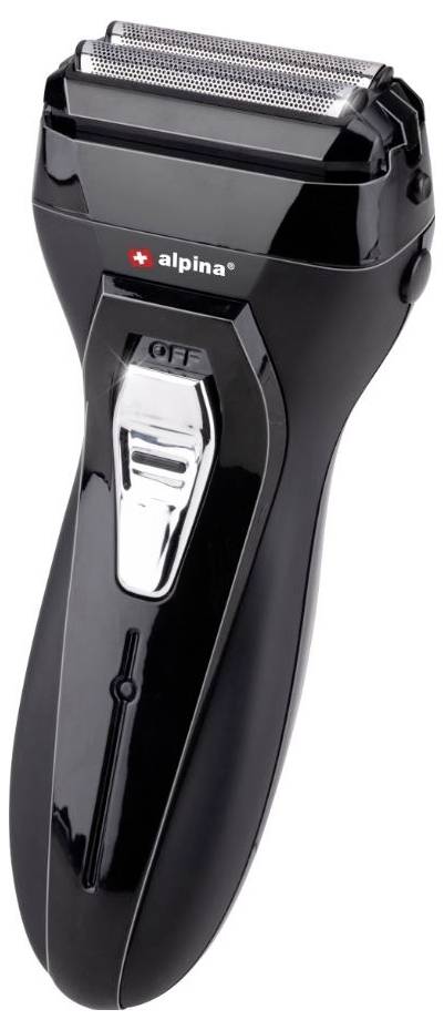 Schwarzer elektrischer Rasierer der Marke mit rotem Logo und silbernem Schalter.