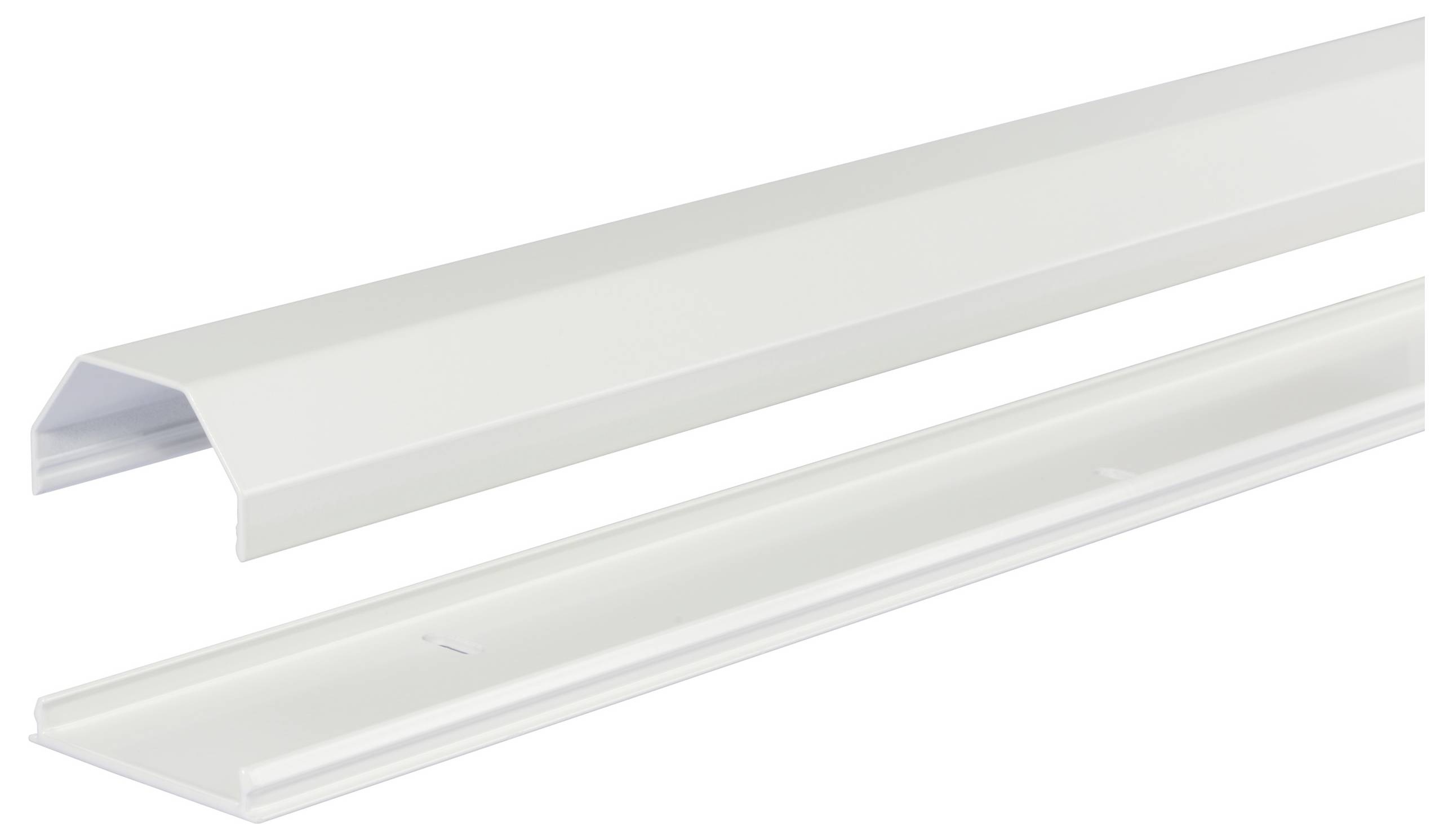 Ein weißes Kunststoffprofil mit rechteckiger Form, das in zwei Teile unterteilt ist, links ein Abdeckungsteil und rechts eine flache Basis.