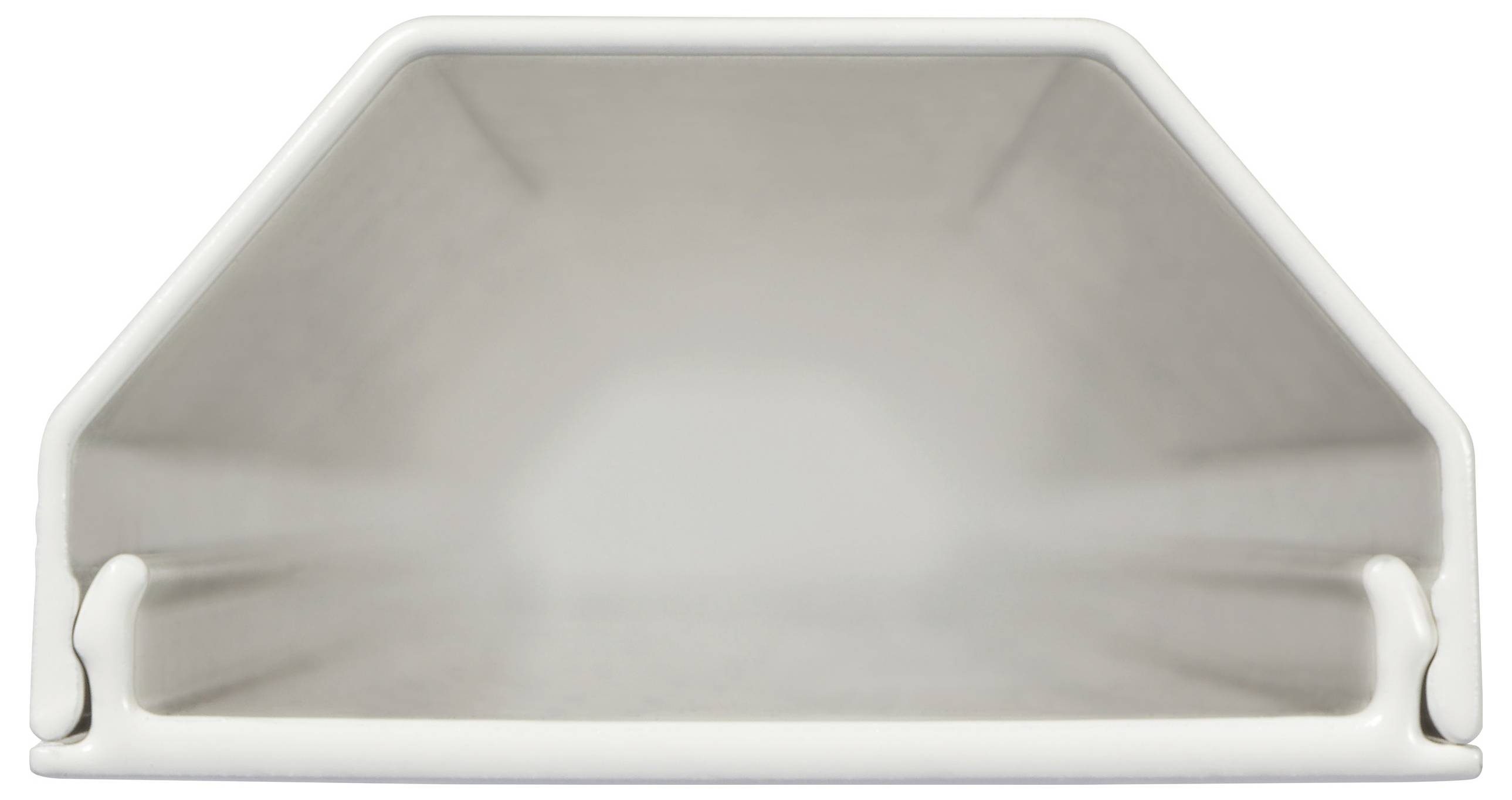 Ein offenes weißes Metallprofil mit trapezförmigem Querschnitt, das eine Sicht entlang der Innenseite des Profils zeigt.