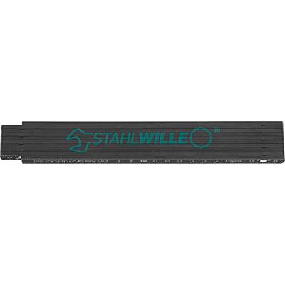 Ein schwarzer Zollstock mit dem Logo 'STAHLWILLE' in Türkis aufgedruckt. Flexibles und faltbares Maßgerät.