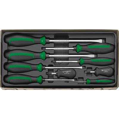 Ein Set aus neun Schraubendrehern mit grünen Griffen in einer schwarzen Schaumstoffhalterung, organisiert in einer rechteckigen Box.