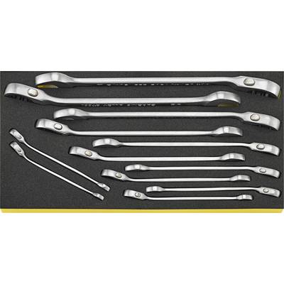 Ein Set aus zehn silbernen Ratschen mit gebogenen Griffen, in verschiedenen Größen, ordentlich in einem schwarzen Schaumstoffeinsatz angeordnet.