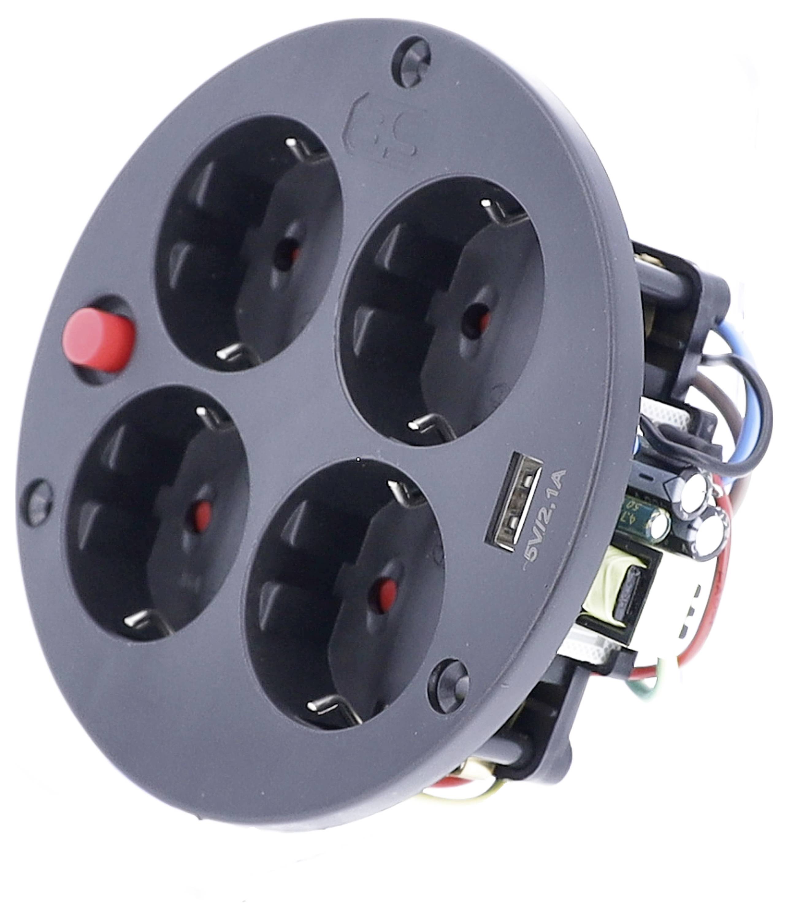 Schwarze Steckdosenplatte mit vier Steckplätzen und einem USB-Anschluss. Ein roter Knopf befindet sich neben den Steckdosen.