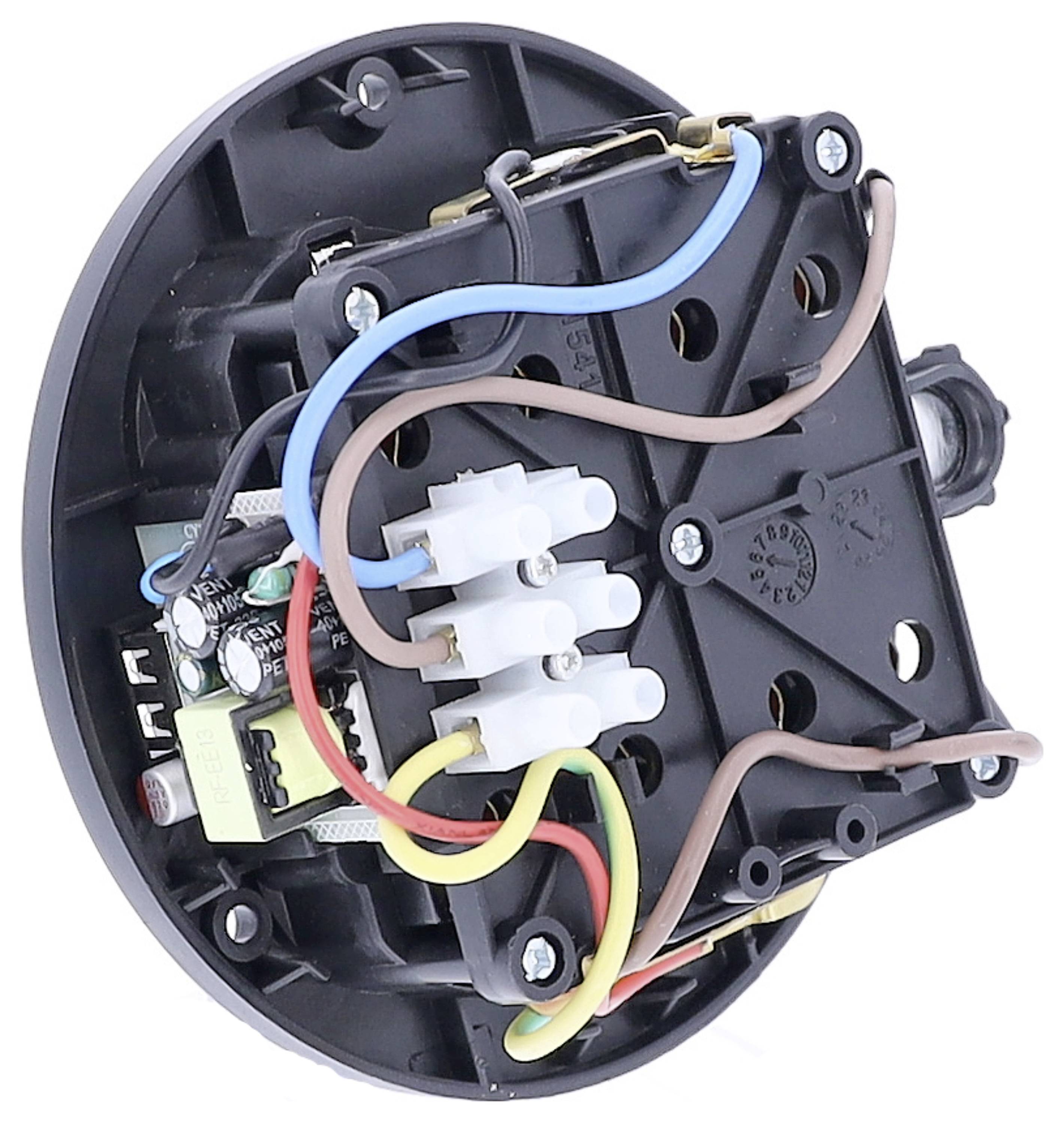 Elektrische Anschlussdose, geöffnet, mit farbigen Drähten: blau, braun, gelb-grün. Drahtklemmen und elektronische Bauteile sichtbar.