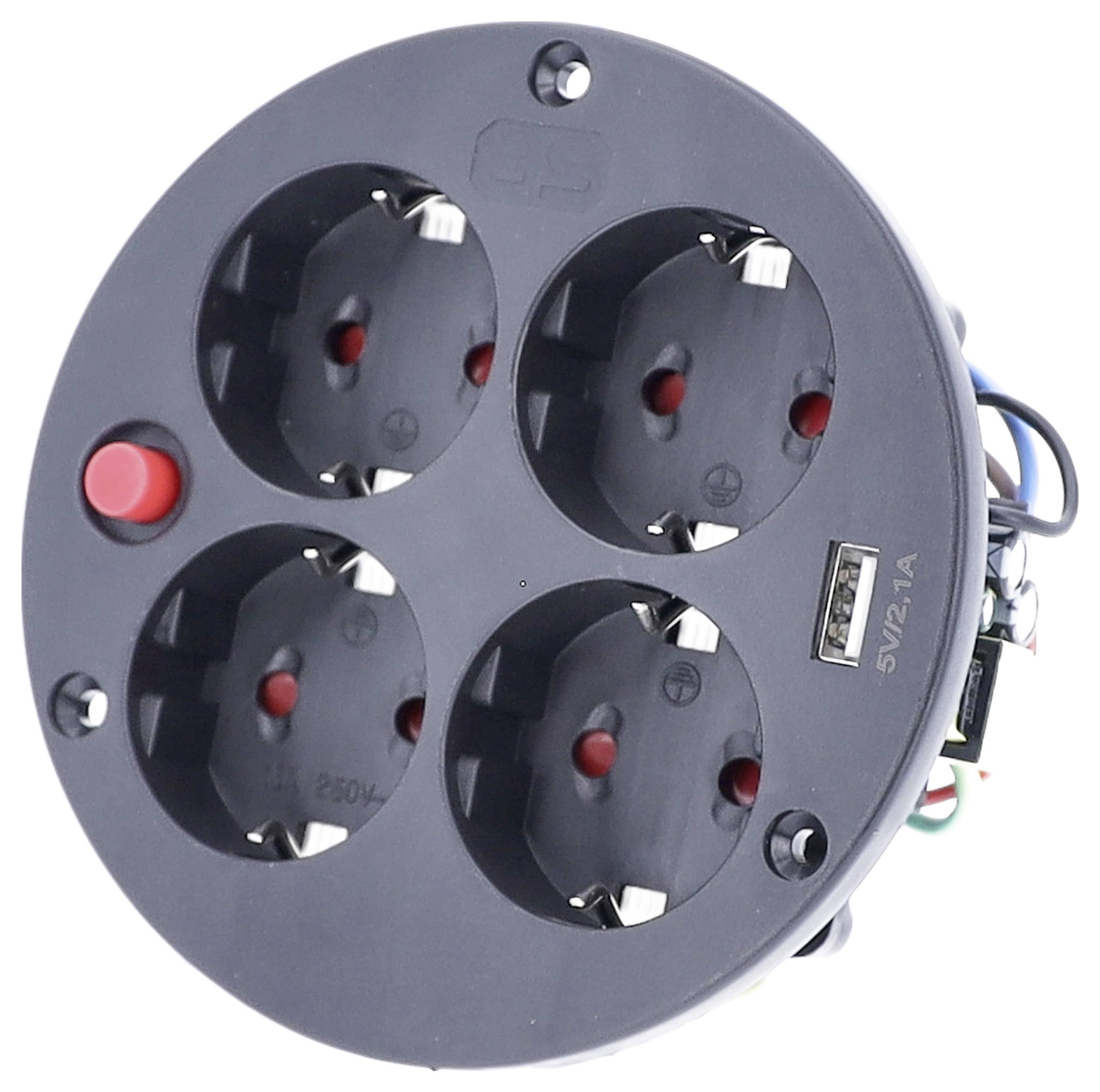 Eine runde Mehrfachsteckdose mit vier Steckplätzen und einem eingebauten USB-Anschluss, links ein roter Schalter.