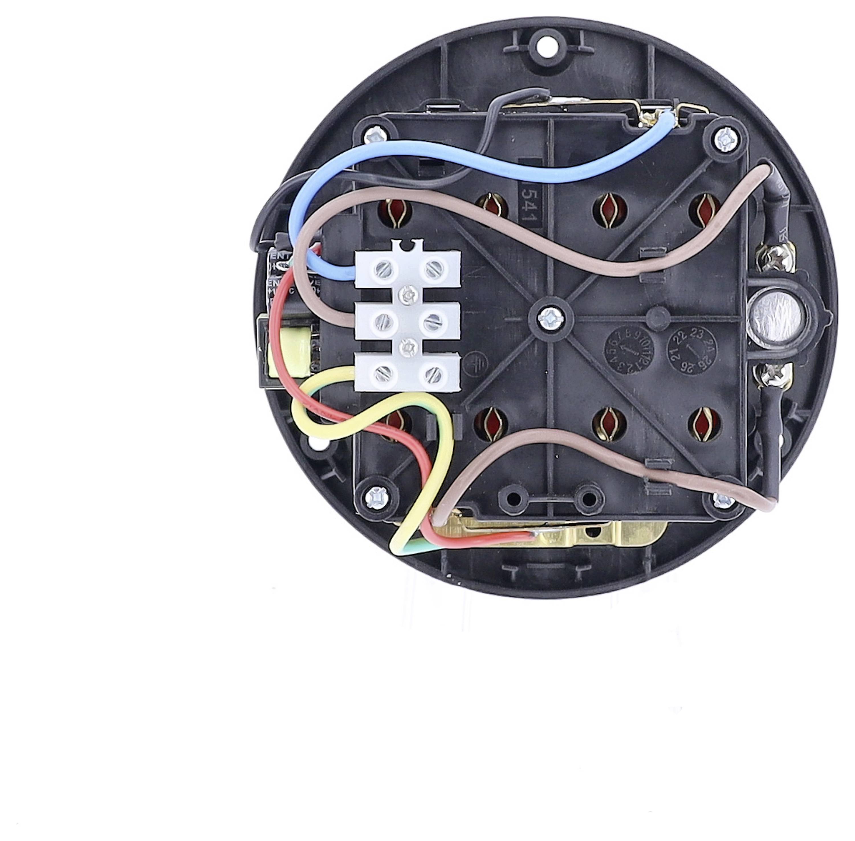 Nahaufnahme einer runden, offenen elektrischen Anschlussdose mit mehreren farbcodierten Drähten, die an Klemmen angeschlossen sind.