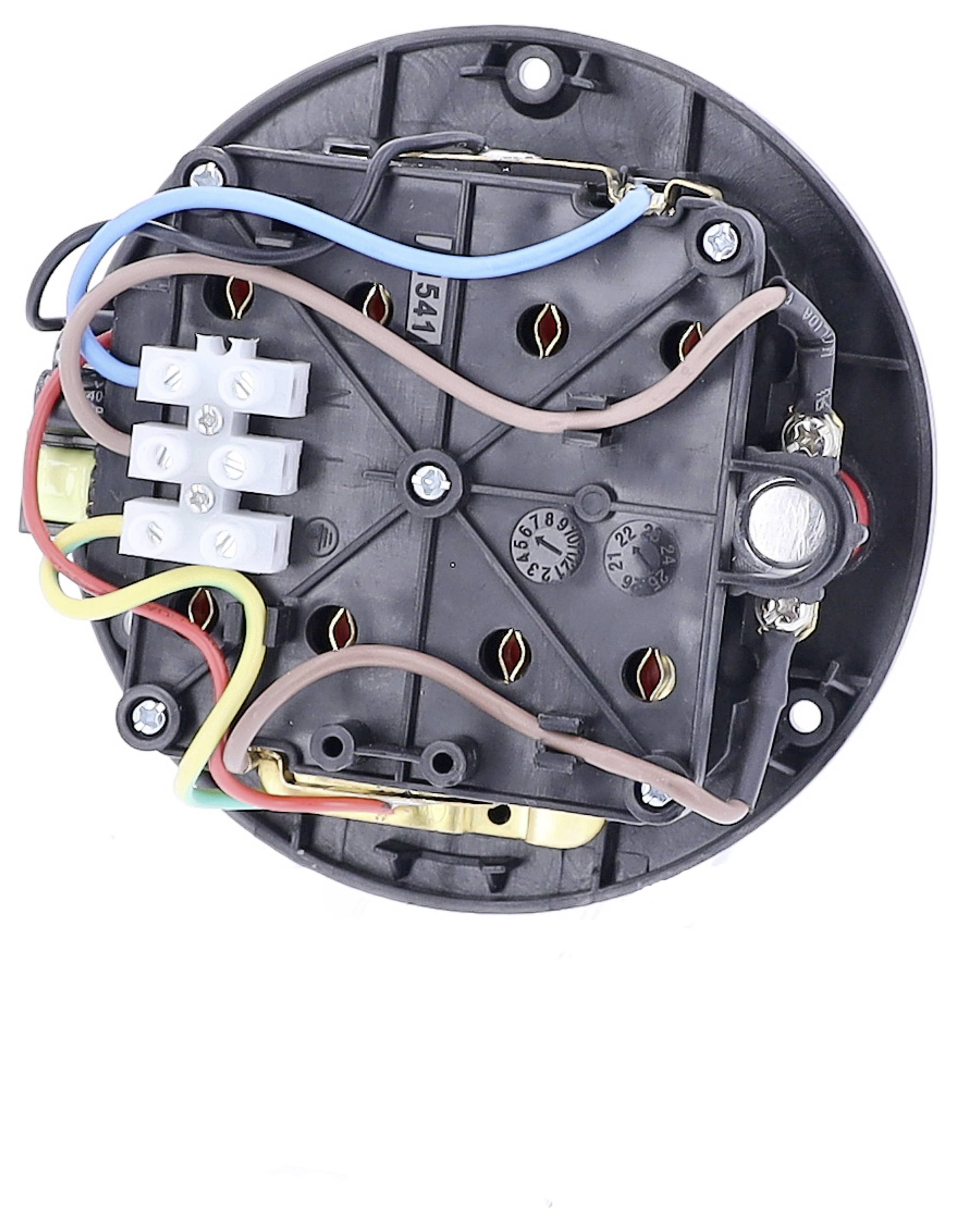 Rückansicht eines runden elektrischen Anschlusses mit farbcodierten Drähten, die an eine Klemmleiste angeschlossen sind.
