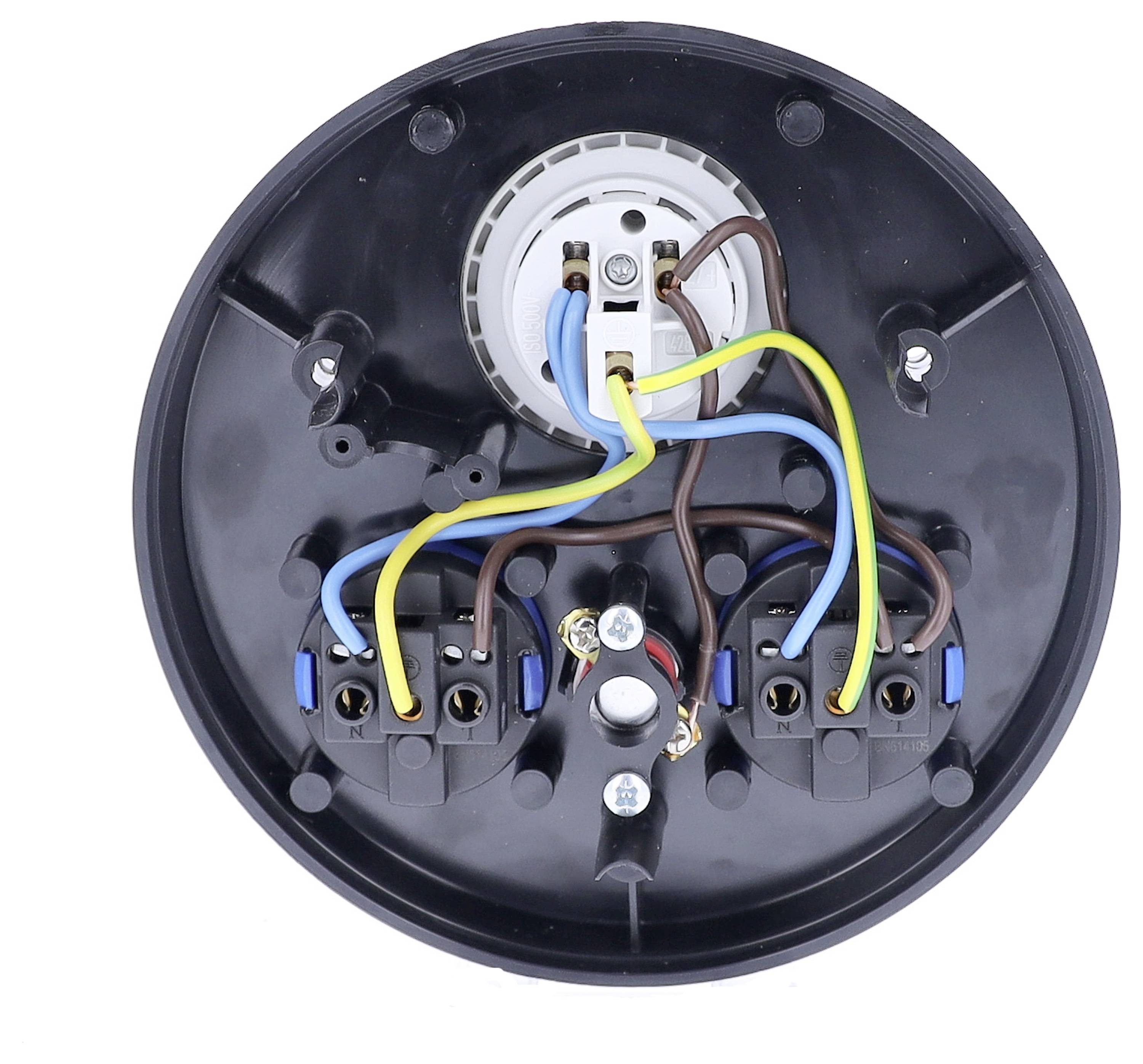 Elektrischer Anschluss mit farblich kodierten Drähten: Braun, Blau, Gelb-Grün. Zwei schwarze Klemmen mit Schrauben, befestigt auf einer runden Basis.