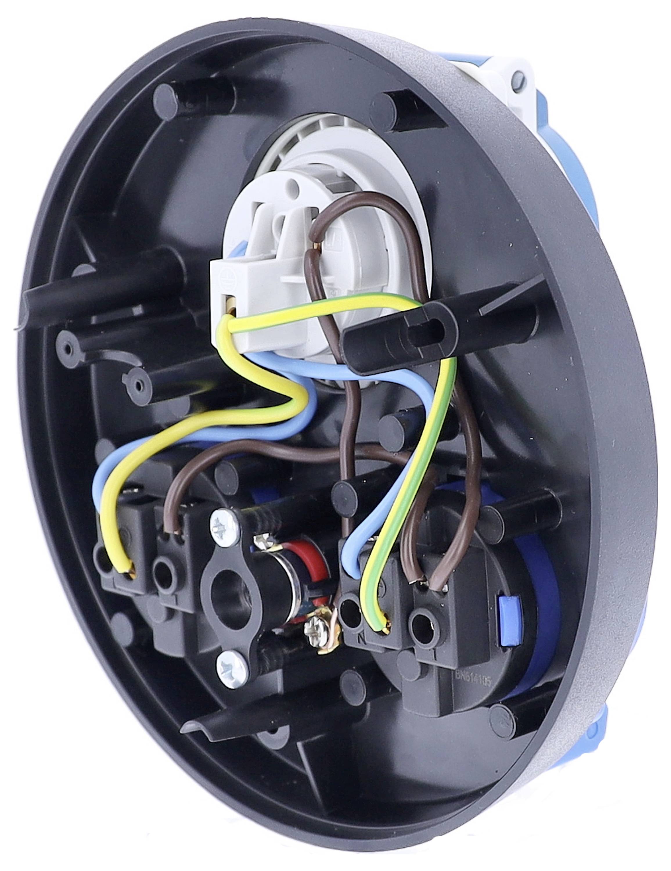 Elektrische Anschlussdose mit mehreren farbigen Drähten und Schraubverbindungen, die unterschiedliche Schaltmöglichkeiten ermöglichen.