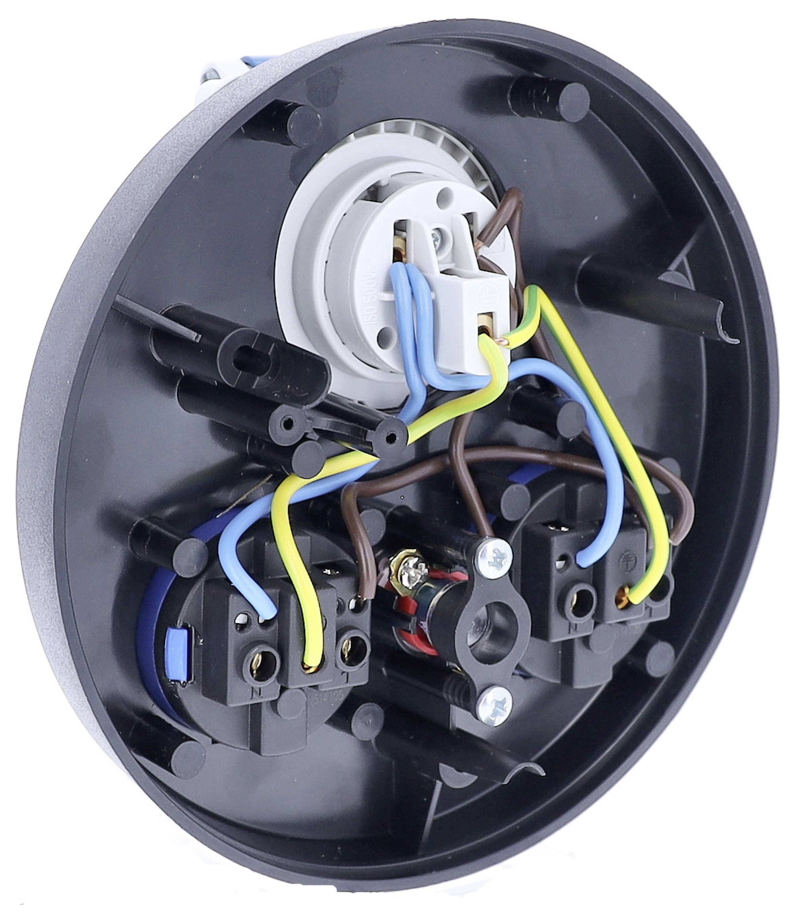 Schwarzes elektrisches Bauteil mit bunten Kabeln in unterschiedlichen Anordnungen und Anschlüssen auf der Rückseite.