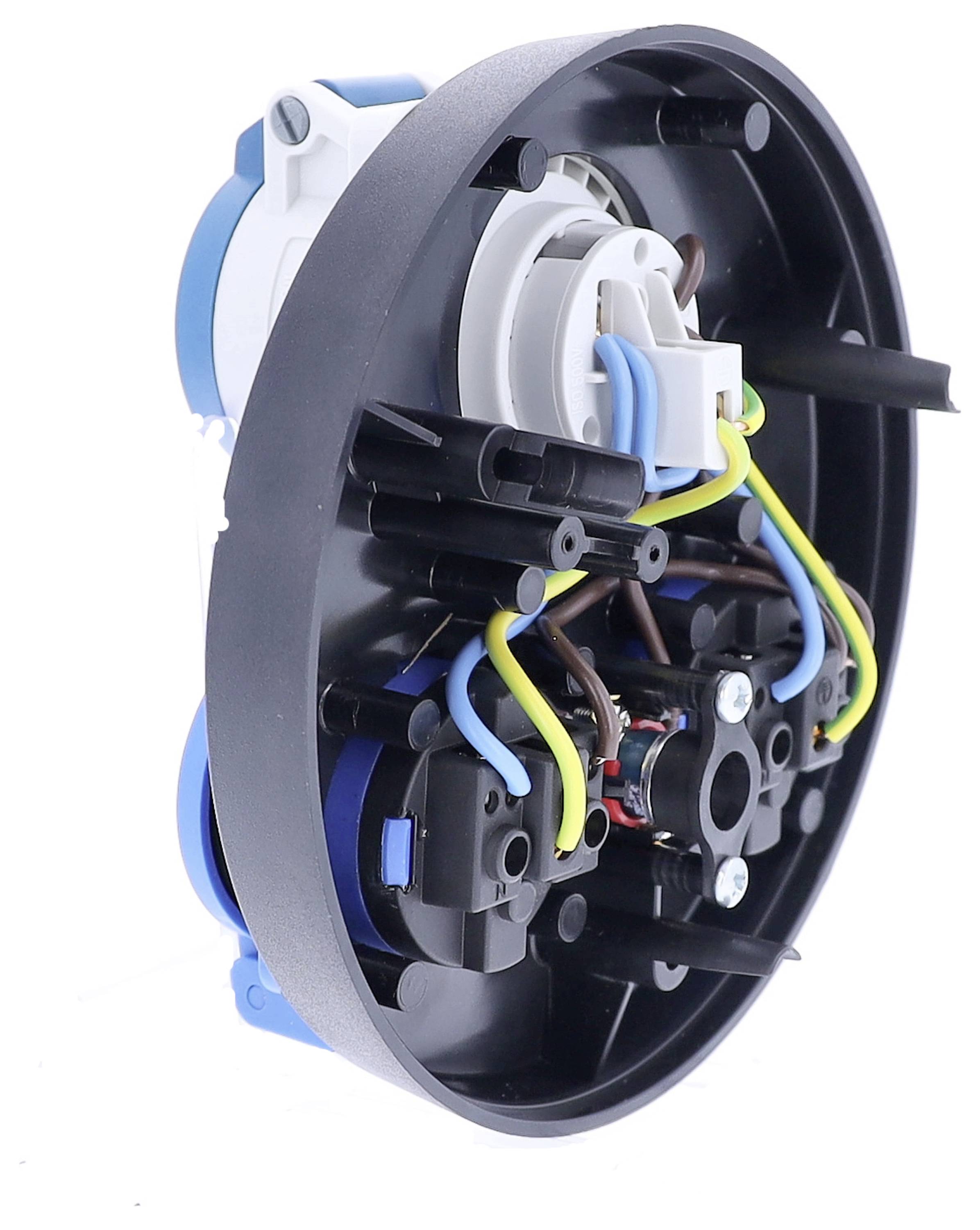 Schwarzes, rundes Elektronikbauteil mit sichtbaren Kabeln in verschiedenen Farben; vermutlich Teil einer Steckdose oder eines Schalters.
