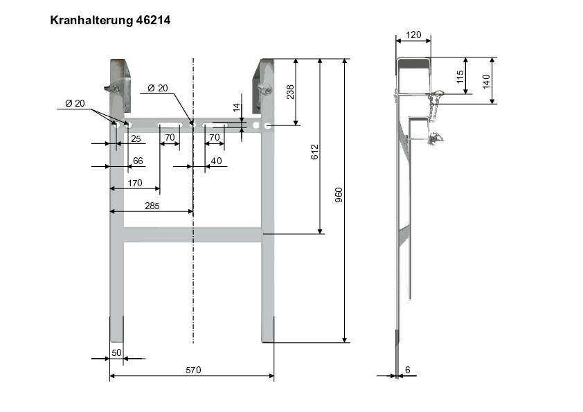 'Kranhalterung 46214, technische Zeichnung mit Maßen: Höhe 612 mm, Breite 570 mm, Materialdicke 12 mm. Front- und Seitenansicht.'