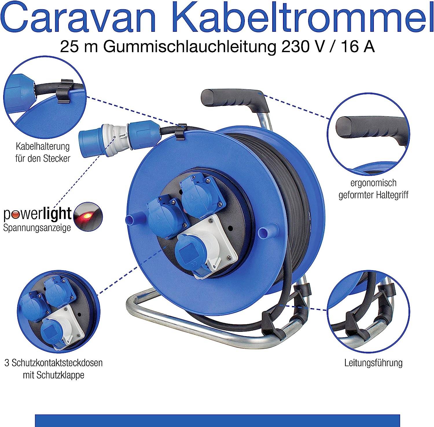 Eine blaue Kabeltrommel für Caravan mit 25 m Gummischlauchleitung, 3 Schutzkontaktsteckdosen und Spannungskontrolle.